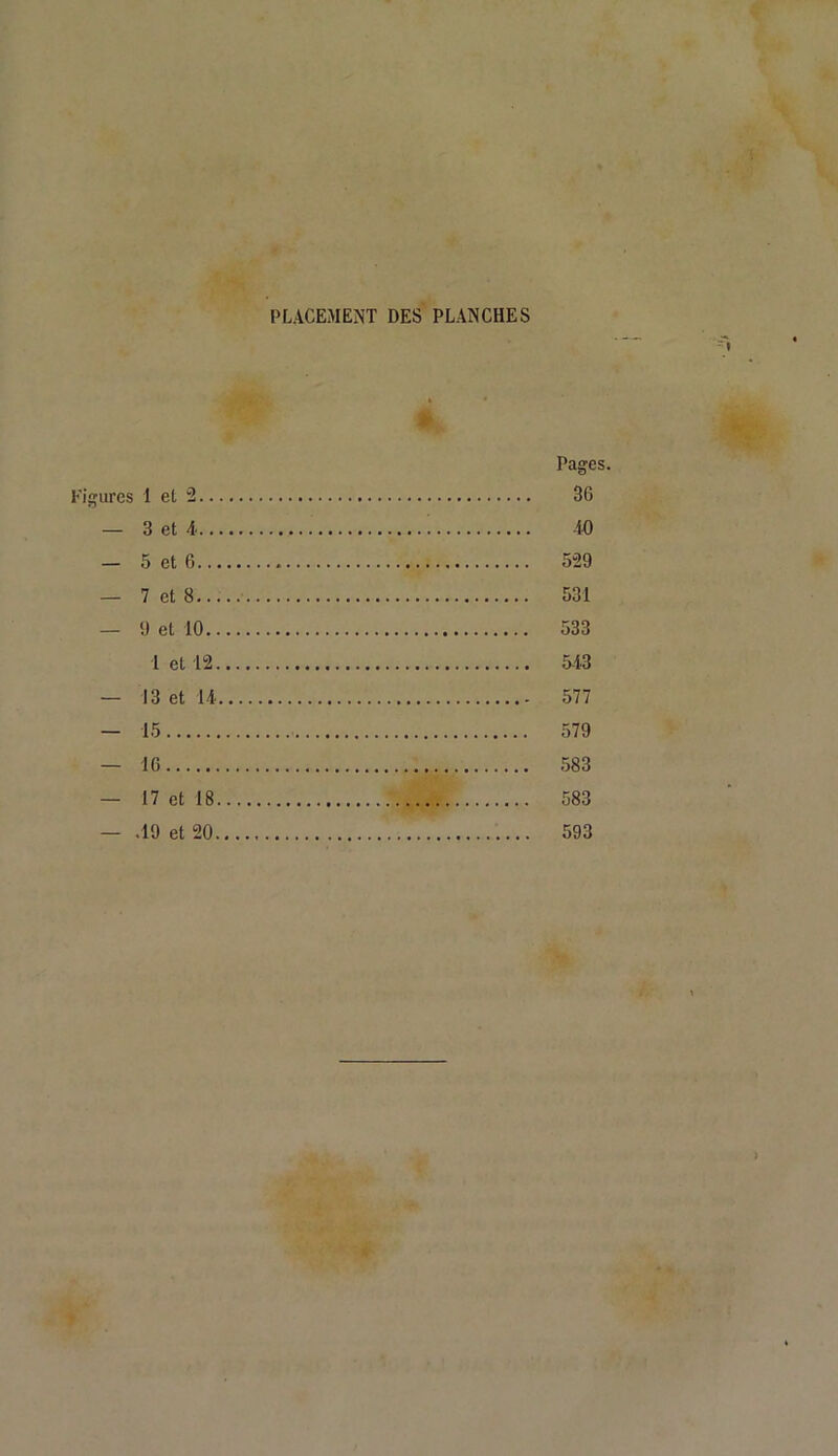 PLACEMENT DES PLANCHES Figures 1 et 2.. — 3 et 4. . — 5 et 6.. — 7 et 8... — 9 et 10. 1 et 12. — 13 et 11 — 15 — 16 — 17 et 18 — .19 et 20. Pages 36 40 529 531 533 543 577 579 583 583 593
