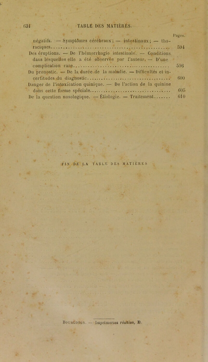 l’ajjes. négatifs. — Symptômes cérébraux; — intestinaux; — tlio- raciques , 594 Des éruptions. — De l’hémorrhagie intestinale. — Conditions dans lesquelles elle a été observée par l’auteur. — D’une complication rare 596 Du pronostic. — De la durée de la maladie. — Difllcultés et in- certitudes du diagnostic 60U Danger de l’intoxication quinique. — De l’action de la quinine dans cette forme spéciale 6ü5 De la question nosologique. —Étiologie. — Traitement 610 FIN DE LA TABLE DES MATIÉKES Büuklüton. — Imiii'imunes réuniss, B.