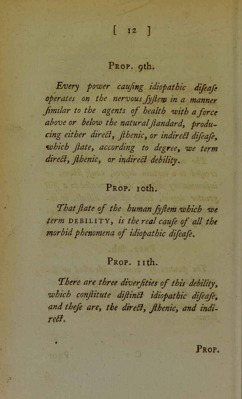 Prop. 9th, Every power caujing idiopathic difeafe operates on the nervous fyfiem in a manner Jimilar to the agents of health with a force above or below the natural jiandard^ produ^- cing either direB, fthenic, or indireSi dfeafe^ which fate, according to degree, we term diredl, fihenic, or indirect debility. Prop. loth. Thatfate of the human fyfem which we term debility, is the real caufe of all the morbid phenomena of idiopathic difeafe. Prop. nth. I There are three dtverfties of this debility, which confitute difinSi idiopathic difeafe, and thefe are, the diredt, fhenic, and indi- reB,