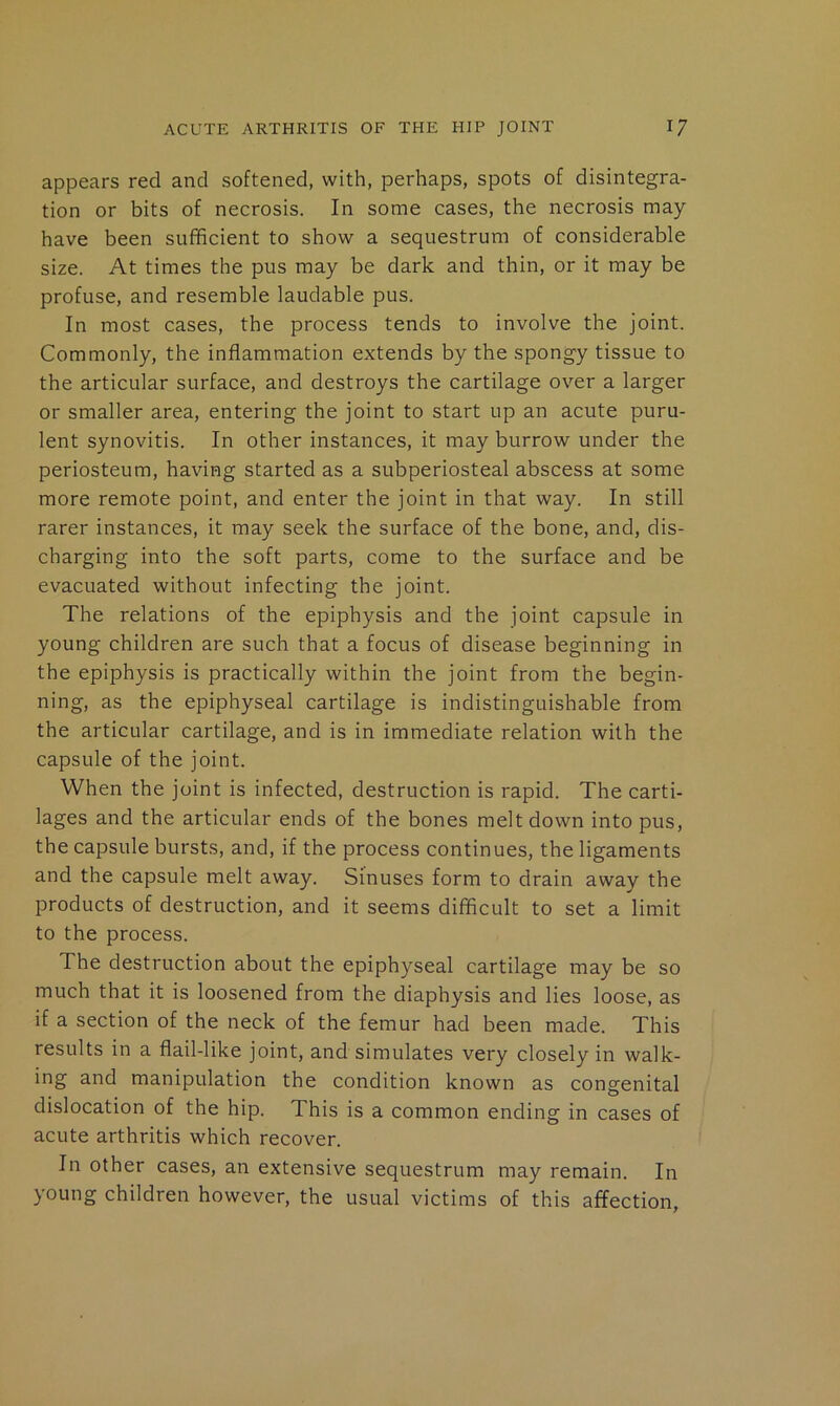 appears red and softened, with, perhaps, spots of disintegra- tion or bits of necrosis. In some cases, the necrosis may- have been sufficient to show a sequestrum of considerable size. At times the pus may be dark and thin, or it may be profuse, and resemble laudable pus. In most cases, the process tends to involve the joint. Commonly, the inflammation extends by the spongy tissue to the articular surface, and destroys the cartilage over a larger or smaller area, entering the joint to start up an acute puru- lent synovitis. In other instances, it may burrow under the periosteum, having started as a subperiosteal abscess at some more remote point, and enter the joint in that way. In still rarer instances, it may seek the surface of the bone, and, dis- charging into the soft parts, come to the surface and be evacuated without infecting the joint. The relations of the epiphysis and the joint capsule in young children are such that a focus of disease beginning in the epiphysis is practically within the joint from the begin- ning, as the epiphyseal cartilage is indistinguishable from the articular cartilage, and is in immediate relation with the capsule of the joint. When the joint is infected, destruction is rapid. The carti- lages and the articular ends of the bones melt down into pus, the capsule bursts, and, if the process continues, the ligaments and the capsule melt away. Sinuses form to drain awa-v the products of destruction, and it seems difficult to set a limit to the process. The destruction about the epiphyseal cartilage may be so much that it is loosened from the diaphysis and lies loose, as if a section of the neck of the femur had been made. This results in a flail-like joint, and simulates very closely in walk- ing and manipulation the condition known as congenital dislocation of the hip. This is a common ending in cases of acute arthritis which recover. In other cases, an extensive sequestrum may remain. In young children however, the usual victims of this affection.