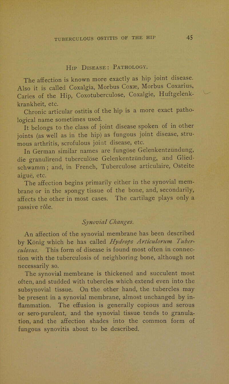 Hip Disease: Pathology. The affection is known more exactly as hip joint disease. Also it is called Coxalgia, Morbus Coxae, Morbus Coxarius, Caries of the Hip, Coxotuberculose, Coxalgie, Huftgelenk- krankheit, etc. Chronic articular ostitis of the hip is a more exact patho- logical name sometimes used. It belongs to the class of joint disease spoken of in other joints (as well as in the hip) as fungous joint disease, stru- mous arthritis, scrofulous joint disease, etc. In German similar names are fungose Gelenkentziindung, die granulirend tuberculose Gelenkentziindung, and Glied- schwamm ; and, in French, Tuberculose articulaire, Osteite aigue, etc. The affection begins primarily either in the synovial mem- brane or in the spongy tissue of the bone, and, secondarily, affects the other in most cases. The cartilage plays only a passive role. Synovial Changes. An affection of the synovial membrane has been described by Konig which he has called Hydrops Articulornm Tuber- culosus. This form of disease is found most often in connec- tion with the tuberculosis of neighboring bone, although not necessarily so. The synovial membrane is thickened and succulent most often, and studded with tubercles which extend even into the subsynovial tissue. On the other hand, the tubercles may be present in a synovial membrane, almost unchanged by in- flammation. The effusion is generally copious and serous or sero-purulent, and the synovial tissue tends to granula- tion, and the affection shades into the common form of fungous synovitis about to be described.