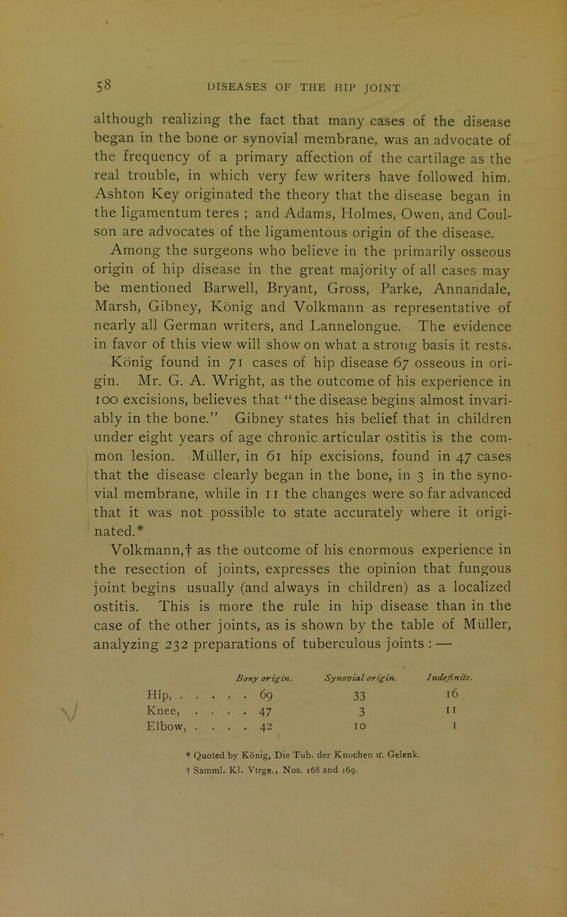 although realizing the fact that many cases of the disease began in the bone or synovial membrane, was an advocate of the frequency of a primary affection of the cartilage as the real trouble, in which very few writers have followed him. Ashton Key originated the theory that the disease began in the ligamentum teres ; and Adams, Holmes, Owen, and Coul- son are advocates of the ligamentous origin of the disease. Among the surgeons who believe in the primarily osseous origin of hip disease in the great majority of all cases may be mentioned Barwell, Bryant, Gross, Parke, Annandale, Marsh, Gibney, Konig and Volkmann as representative of nearly all German writers, and Lannelongue. The evidence in favor of this view will show on what a strong basis it rests. Konig found in 71 cases of hip disease 67 osseous in ori- gin. Mr. G. A. Wright, as the outcome of his experience in 100 excisions, believes that “the disease begins almost invari- ably in the bone.” Gibney states his belief that in children under eight years of age chronic articular ostitis is the com- mon lesion. Muller, in 61 hip excisions, found in 47 cases that the disease clearly began in the bone, in 3 in the syno- vial membrane, while in ii the changes were so far advanced that it was not possible to state accurately where it origi- nated.* Volkmann,! as the outcome of his enormous experience in the resection of joints, expresses the opinion that fungous joint begins usually (and always in children) as a localized ostitis. This is more the rule in hip disease than in the case of the other joints, as is shown by the table of Muller, analyzing 232 preparations of tuberculous joints : — Bony origin. Synovial origin. Indefinite, Hip, . . ... 69 33 16 Knee, . . . 47 3 11 Elbow, . . . . 42 10 I * Quoted by Konig, Die Tub. der Knochen tf. Gelenk. t Samml. Kl. Vtrge., Nos. i6S and 169.