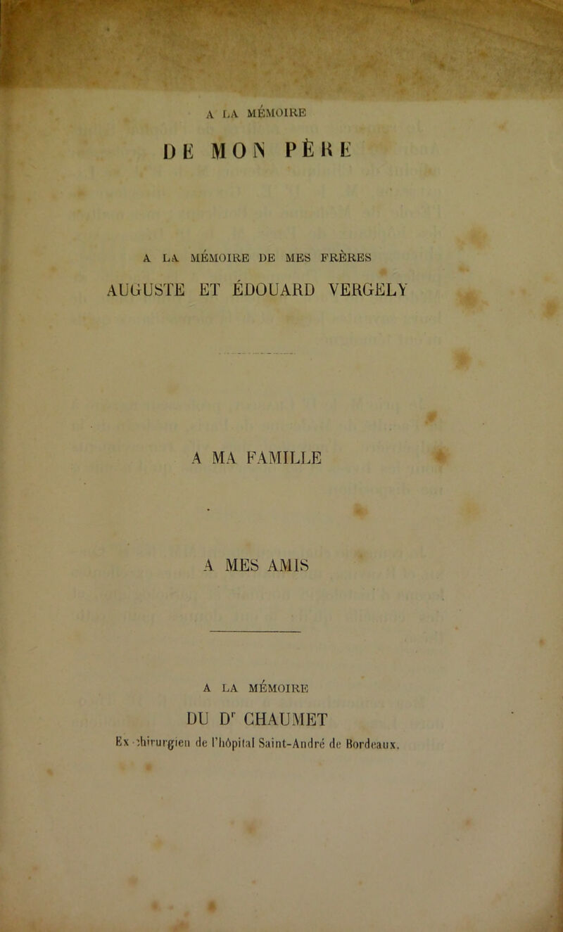 A LA MÉMOIRE DK MOM PÈKK A LA MÉMOIRE DE MES FRÈRES AUGUSTE ET ÉDOUARD VERGELY A MA FAMILLE A MES AMIS A LA MÉMOIRE DU D*^ CHAUMET Ex :hirurgieu de l’iiôpilal Saint-André de Bordeaux.