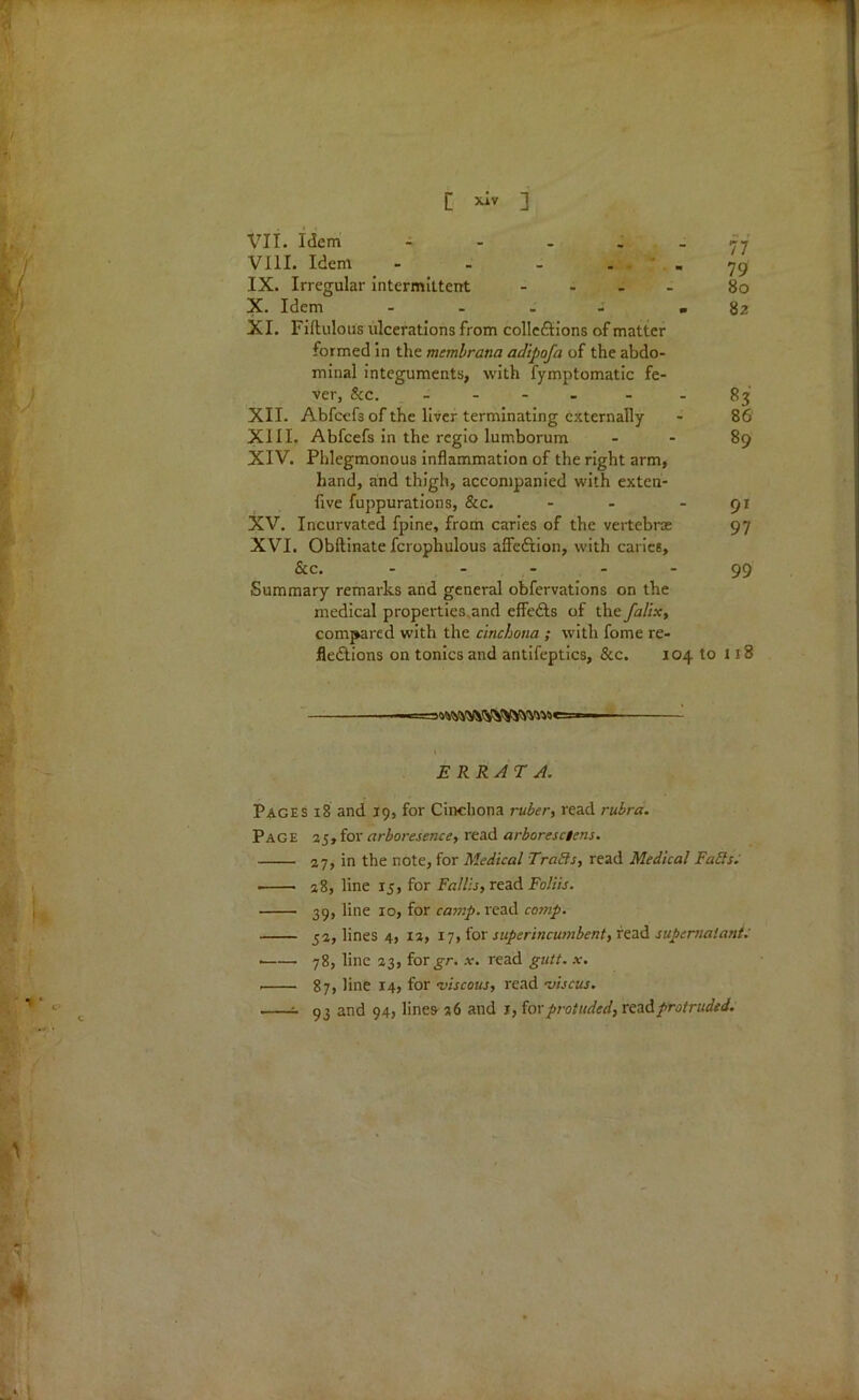 VII. Idem - - - 77 VIII. Idem - - - 79 IX. Irregular intermittent .... 80 X. Idem .... - 82 XI. Fiftulous ulcerations from collections of matter formed in the memlrana adipofa of the abdo- minal integuments, with fymptomatic fe- ver, &c. - - - - - -83 XII. Abfcefs of the liver terminating externally - 86 XIII. Abfcefs in the regio lumborum - - 89 XIV. Phlegmonous inflammation of the right arm, hand, and thigh, accompanied with exten- five fuppurations, &c. - - - 91 XV. Incurvated fpine, from caries of the vertebrae 97 XVI. Obftinate fcrophulous affe&ion, with caries, &c. - - - - - 99 Summary remarks and general obfervations on the medical properties and effefts of the falix, compared with the cinchona ; with fome re- flexions on tonics and antifeptics, &c. 104 to 118 ■ ■ ERRATA. Pages 18 and 19, for Cinchona ruber, read rubra. Page 25, for arboresence, read arboresclens. 27, in the note, for Medical Trafts, read Medical Fafts. • 28, line 15, for Fall’s, read Foliis. 39, line 10, for camp, read comp. 52, lines 4, 12, 17, for superincumbent, read supernatant: 78, line 23, for^r. *. read gutt. x. 87, line 14, for viscous, read viscus. 93 and 94, lines 26 and r, for protuded, read protruded.