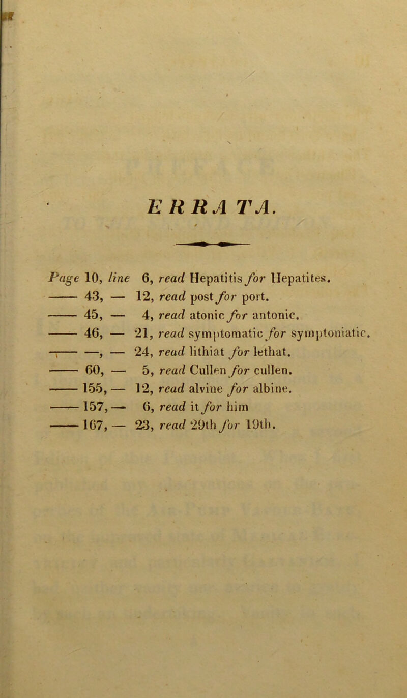 ERR A TA. Page 10, line 6, read Hepatitis for Hepatites. 43, — 12, read post for port. 45, — 4, read atonic for antonic. 46, — 21, read symptomatic/or symptomatic. — , — 24, read lithiat for lethat. 60, — 5, read Cullen for cullen. 155, — 12, read alvine for albine. —— 157,— 6, read it for him 167, — 23, read 29th for 19th.