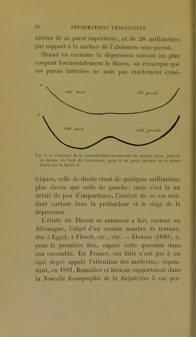 niveau de sa paroi supérieure, et de 20 millimètres par rapport à la surface de l’abdomeu sous-jacent. Quand on examine la dépression suivant un plan coupant horizontalement le thorax, on remarque que ses parois latérales ne sont pas exactement symé- 3 triques, celle de droite étant de quelques millimètres plus élevée que celle de gauche ; mais c’est là un détail de peu d’importance, l’intérêt de ce cas rési- dant surtout dans la profondeur et le siège de la dépression. L’étude du Thorax en entonnoir a fait, surtout en Allemagne, l’ohjet d’un certain nombre de travaux, dus à Eggel, à Flesch, etc., etc. — Ebstein (1880), a, pour la première fois, exposé cette question dans son ensemble. En France, ces faits n’ont pas à un égal degré appelé l’attention des médecins; cepen- dant, en 1891, Ramadier et Sérieux rapportaient dans la Nouvelle Iconografiiie de la Salpêtrière 5 cas per-