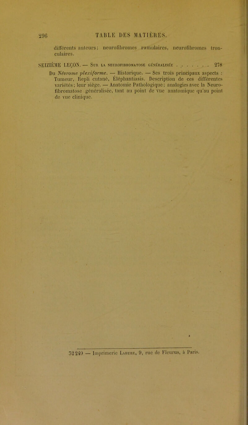 cliirérciils auteurs; ncurofibromes ramulaires, iicurofibromes tron- culaires. SEIZIÈME LEÇON. — Sun l.v NEunonunoMATOSE cÉ.NÉnAUSÉE 278 Du Névrome plexiforme. — Historique. — Ses trois principaux aspects ; Tumeur, Repli cutané, Éléphantiasis. Description de ces différentes variétés; leur siège. — Anatomie Patliologique ; analogies avec la Neuro- fibromatose généralisée, tant au point de vue anatomique qu’au point de vue clinique. 5224D — Iini)rinieric L.uiunE, 9, rue de Flcurus, à Paris.