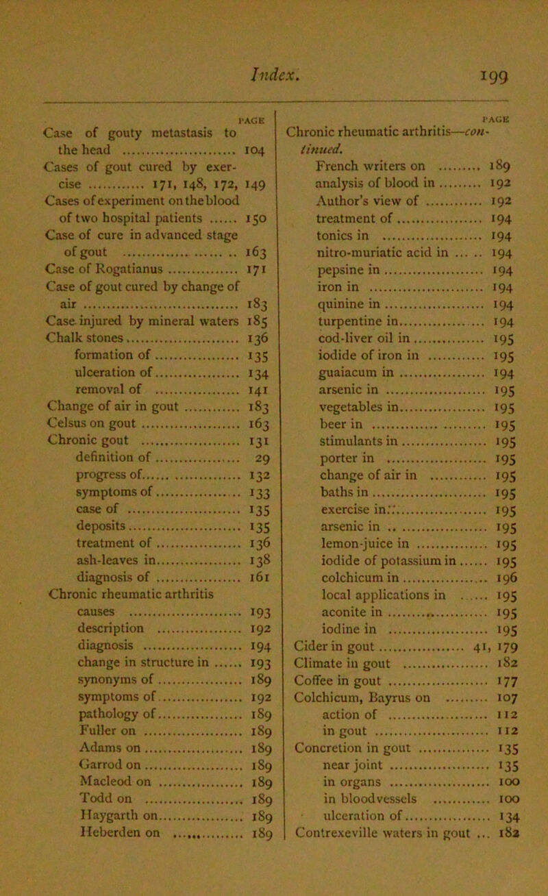 PAGE Case of gouty metastasis to the head 104 Cases of gout cured by exer- cise 171, 148, 172, 149 Cases of experiment on the blood of two hospital patients 150 Case of cure in advanced stage of gout 163 Case of Rogatianus 171 Case of gout cured by change of air 183 Case injured by mineral waters 185 Chalk stones 136 formation of 135 ulceration of 134 removal of 141 Change of air in gout 183 Celsus on gout 163 Chronic gout 131 definition of 29 progress of 132 symptoms of 133 case of 135 deposits 135 treatment of 136 ash-leaves in 138 diagnosis of 161 Chronic rheumatic arthritis causes 193 description 192 diagnosis 194 change in structure in 193 synonyms of 189 symptoms of 192 pathology of 1S9 Fuller on 1S9 Adams on 189 Garrod on 189 Macleod on 189 Todd on 1S9 Ilaygarth on 1S9 Ileberden on 189 PAGE Chronic rheumatic arthritis—con- tinued. French writers on 189 analysis of blood in 192 Author’s view of 192 treatment of 194 tonics in 194 nitro-muriatic acid in 194 pepsine in 194 iron in 194 quinine in 194 turpentine in 194 cod-liver oil in 195 iodide of iron in 195 guaiacum in 194 arsenic in 195 vegetables in 195 beer in 195 Stimulants in 195 porter in 195 change of air in 195 baths in 195 exercise in.-:. 195 arsenic in 195 lemon-juice in 195 iodide of potassium in 195 colchicum in 196 local applications in 195 aconite in 195 iodine in 195 Cider in gout 41,179 Climate in gout 182 Coffee in gout 177 Colchicum, Bayrus on 107 action of 112 in gout 112 Concretion in gout 135 near joint 135 in organs 100 in bloodvessels 100 ulceration of 134 Contrexeville waters in gout ... 182