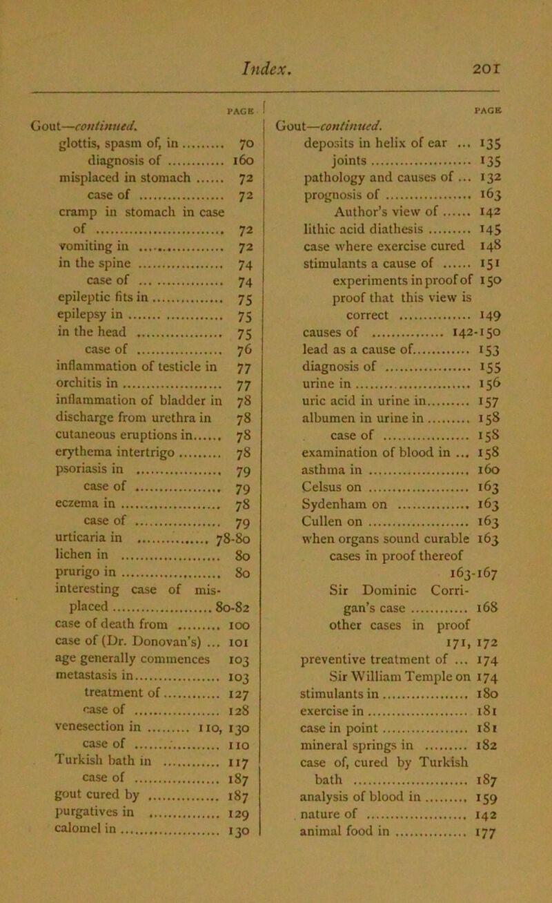 HACK Gout—continued. glottis, spasm of, in 70 diagnosis of 160 misplaced in stomach 72 case of 72 cramp in stomach in case of 72 vomiting in 72 in the spine 74 case of 74 epileptic fits in 75 epilepsy in 75 in the head 75 case of 76 inflammation of testicle in 77 orchitis in 77 inflammation of bladder in 78 discharge from urethra in 78 cutaneous eruptions in 78 erythema intertrigo 78 psoriasis in 79 case of 79 eczema in 78 case of 79 urticaria in 78-80 lichen in 80 prurigo in 80 interesting case of mis- placed 80-82 case of death from 100 case of (Dr. Donovan’s) ... 101 age generally commences 103 metastasis in 103 treatment of 127 case of 12S venesection in no, 130 case of no Turkish bath in 117 case of 187 gout cured by 187 purgatives in 129 calomel in 130 PAGE Gout—continued. deposits in helix of ear ... 135 joints 135 pathology and causes of ... 132 prognosis of 163 Author’s view of 142 lithic acid diathesis 145 case where exercise cured 148 stimulants a cause of 151 experiments in proof of 150 proof that this view is correct 149 causes of 142-150 lead as a cause of 153 diagnosis of 155 urine in 156 uric acid in urine in 157 albumen in urine in 158 case of 158 examination of blood in ... 158 asthma in 160 Celsus on 163 Sydenham on 163 Cullen on 163 when organs sound curable 163 cases in proof thereof 163-167 Sir Dominic Corri- gan’s case 168 other cases in proof 171, 172 preventive treatment of ... 174 Sir William Temple on 174 stimulants in 180 exercise in 181 case in point 181 mineral springs in 182 case of, cured by Turkish bath 187 analysis of blood in 159 . nature of 142 animal food in 177