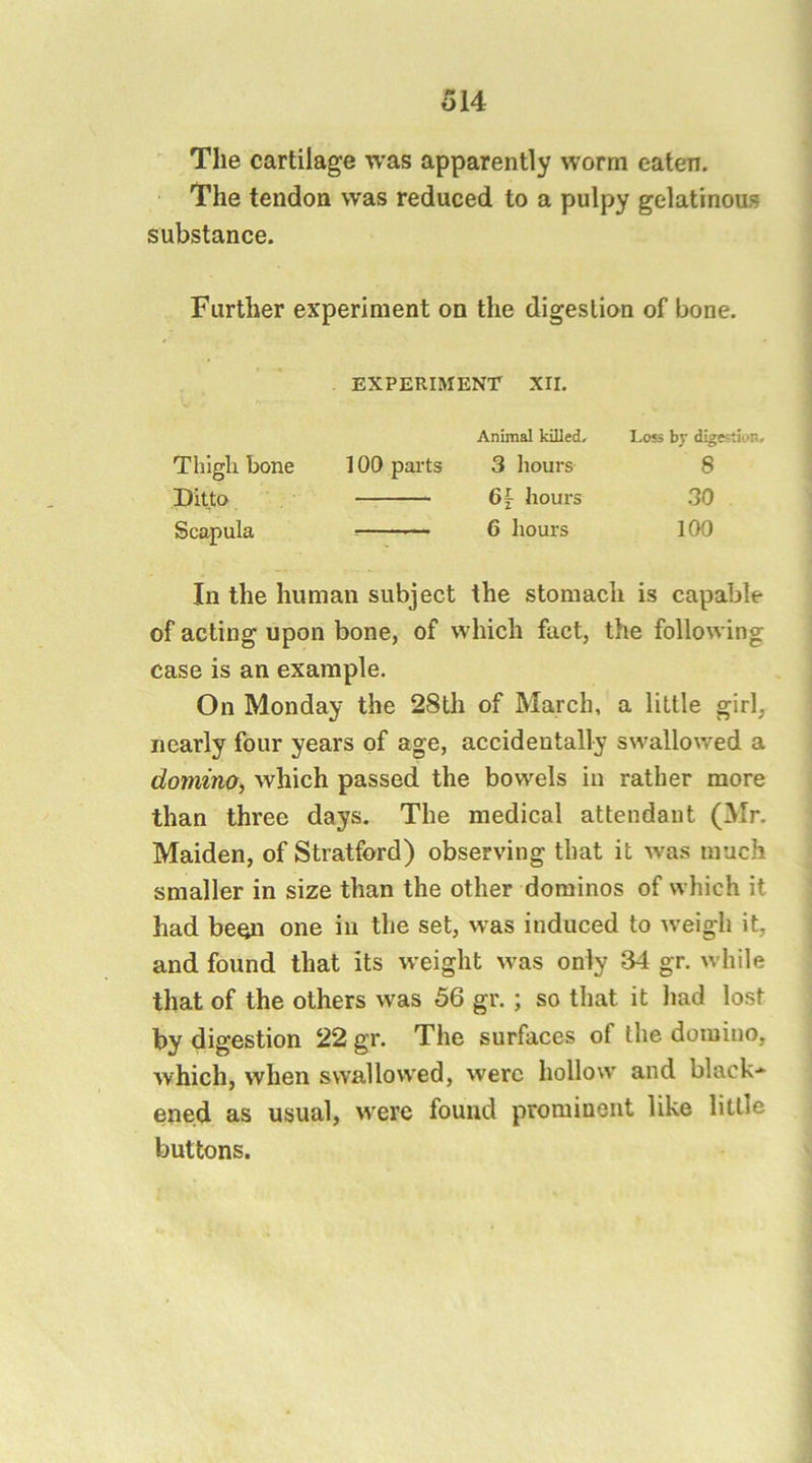 The cartilage was apparently worm eaten. The tendon was reduced to a pulpy gelatinous substance. Further experiment on the digestion of bone. In the human subject the stomach is capable of acting upon bone, of which fact, the following case is an example. On Monday the 28th of March, a little girl, nearly four years of age, accidentally swallowed a domino, which passed the bowels in rather more than three days. The medical attendant (Mr. Maiden, of Stratford) observing that it was much smaller in size than the other dominos of which it had been one in the set, was induced to weigh it, and found that its weight was only 34 gr. while that of the others was 56 gr. ; so that it had lost by digestion 22 gr. The surfaces of the domino, which, when swallowed, were hollow and black-* ened as usual, were found prominent like little buttons. EXPERIMENT XII. Animal killed. Thigh bone Ditto Scapula 100 pai'ts 3 hours 6f hours 6 hours