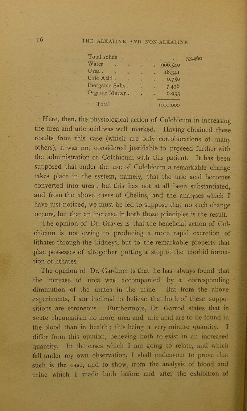 Total solids . Water Urea . Uric Acid . Inorganic Salts . Organic Matter . 966.540 18.341 0.750 7436 6-933 33460 Total r 000.000 Here, then, the physiological action of Colchicum in increasing the urea and uric acid was well marked. Having obtained these results from this case (which are only corroborations of many others), it was not considered justifiable to proceed further with the administration of Colchicum with this patient. It has been supposed that under the use of Colchicum a remarkable change takes place in the system, namely, that the uric acid becomes converted into urea; but this has not at all been substantiated, and from the above cases of Chelius, and the analyses which I have just noticed, we must be led to suppose that no such change occurs, but that an increase in both those principles is the result. The opinion of Dr. Graves is that the beneficial action of Col- chicum is not owing to producing a more rapid excretion of lithates through the kidneys, but to the remarkable property that plan possesses of altogether putting a stop to the morbid forma- tion of lithates. The opinion ot Dr. Gardiner is that he has always found that the increase of urea was accompanied by a corresponding diminution of the urates in the urine. But from the above experiments, I am inclined to believe that both of these suppo- sitions are erroneous. Furthermore, Dr. Garrod states that in acute rheumatism no more urea and uric acid are to be found in the blood than in health ; this being a very minute quantity. I differ from this opinion, believing both to exist in an increased quantity. In the cases which 1 am going to relate, and which fell under my own observation, I shall endeavour to prove that such is the case, and to show, from the analysis of blood and urine which I made both before and after the exhibition of