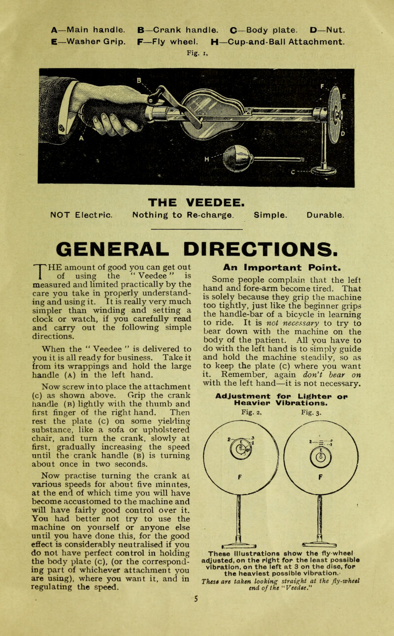 A—Main handle. B—Crank handle. G—Body plate. D—Nut. E—Washer Grip. F—Flywheel. H—Cup-and-Ball Attachment. Fig, i. THE VEEDEE. NOT Electric. Nothing to Re-charge. Simple. Durable. GENERAL DIRECTIONS. THE amount of good you can get out of using the “ Veedee ” is measured and limited practically by the care you take in properly understand- ing and using it. It is really very much simpler than winding and setting a clock or watch, if you carefully read and carry out the following simple directions. When the “ Veedee ” is delivered to you it is all ready for business. Take it from its wrappings and hold the large handle (a) in the left hand. Now screw into place the attachment (c) as shown above. Grip the crank handle (b) lightly with the thumb and first finger of the right hand. Then rest the plate (c) on some yielding substance, like a sofa or upholstered chair, and turn the crank, slowly at first, gradually increasing the speed until the crank handle (b) is turning about once in two seconds. Now practise turning the crank at various speeds for about five minutes, at the end of which time you will have become accustomed to the machine and will have fairly good control over it. You had better not try to use the machine on yourself or anyone else until you have done this, for the good effect is considerably neutralised if you do not have perfect control in holding the body plate (c), (or the correspond- ing part of whichever attachment you are using), where you want it, and in regulating the speed. An Important Point. Some people complain that the left hand and fore-arm become tired. That is solely because they grip the machine too tightly, just like the beginner grips the handle-bar of a bicycle in learning to ride. It is not necessary to try to bear down with the machine on the body of the patient. All you have to do with the left hand is to simply guide and hold the machine steadily, so as to keep the plate (c) where you want it. Remember, again don't bear on with the left hand—it is not necessary. Adjustment for Lighter or Heavier Vibrations. Fig, 2, Fig, 3. These illustrations show the fly wheel adjusted, on the right for the least possible vibration, on the left at 3 on the disc, for the heaviest possible vibration. These are taken looking straight at the fly-wheel end of the “Veedee.