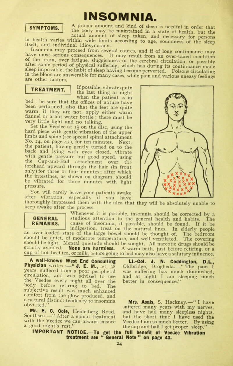 INSOMNIA. A proper amount and kind of sleep is needful in order that the body may be maintained in a state of health, but the actual amount of sleep taken, and necessary for persons m health vanes within wide limits according to age, soundness of the sleep itself, and individual idiosyncracv. Insomnia may proceed from several causes, and if of long continuance may have most serious consequences. It may result from an over-taxed condition ol the brain, over fatigue, sluggishness of the cerebral circulation, or possibly alter some period of physical suffering, which has during its continuance made sleep impossible, the habit of sleep having become perverted. Poisons circulating in the blood are answerable for many cases, while pain and various uneasy feelings are other factors. & SYMPTOMS. If possible, vibrate quite the last thing at night when the patient is in bed ; be sure that the offices of nature have been performed, also that the feet are quite warm, if they are not, apply either warm flannel or a hot water bottle ; there must be very little light and no talking. Set the Veedee at ij on the disc, using the hard piece with gentle vibration of the upper limbs and spine (see special spinal attachment No. 24, on page 43), for ten minutes. Next, the patient, having gently turned on to the back and lying with eyes closed, vibrate with gentle pressure but good speed, using the Cup-and-Ball attachment over the forehead upward through the hair (in front only ) for three or four minutes; after which the intestines, as shown on diagram, should be vibrated for three minutes with light pressure. You will rarely leave your patients awake after vibration, especially if you have thoroughly impressed them with the idea that they will be absolutely unable to keep awake after the process. Whenever it is possible, insomnia should be corrected by a studious attention to the general health and habits. The cause of insomnia, if possible, should be found. If it be indigestion, treat on the natural lines. In elderly people an over-loaded state of the large bowel should be thought of. The bedroom should be quiet, of moderate temperature, and well ventilated. The covering should be light. Mental quietude should be sought. All narcotic drugs should be strictly avoided. None are harmless. A warm bath, just before retiring, or a cup of hot beef tea, or milk, before going to bed may also have a salutary influence. GENERAL REMARKS. TREATMENT. A well-known West End Consulting Physician writes J. E. M., set, 38 years, suffered from a poor peripheral circulation, and was advised to use the Veedee every night all over the body before retiring to bed. The subjective result was much enhanced comfort from the glow produced, and a natural distinct tendency to insomnia obviated.” Mr. E. C« Cole, Heidelberg Road, Southsea.—“ After a spinal treatment with the Veedee wre can always ensure a good night’s rest.” Lt.-Col. J. N. Coddington, D.L., Oldbridge, Drogheda.—“ The pain I was suffering has much diminished, and at night I am sleeping much better in consequence.” Mrs. Asals, S. Hackney.—I have suffered many years with my nerves, and have had many sleepless nights, but the short time I have used the Veedee I am so much better. By using the cup and ball I get proper sleep.” IMPORTANT NOTICE.—To get the full benefit of Veedee Vibration treatment see “ General Note ” on page 43.