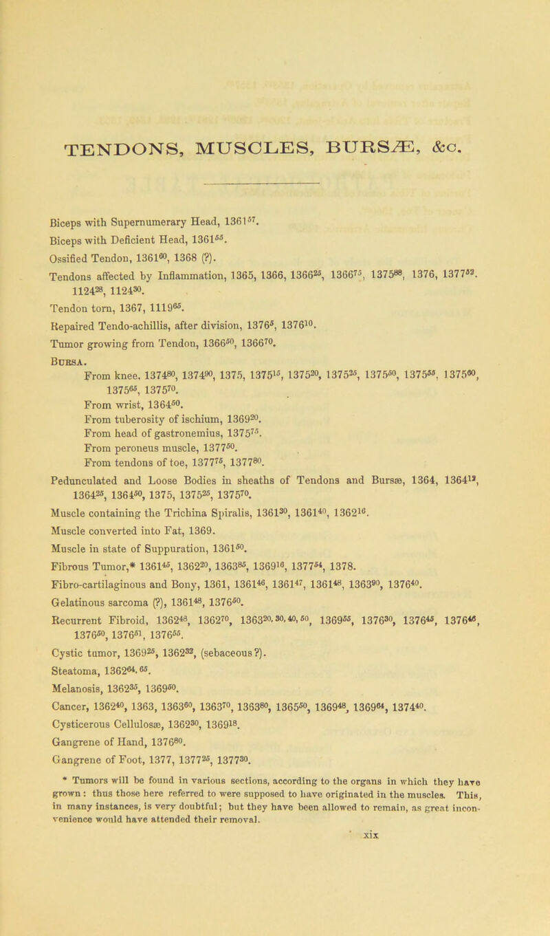 TENDONS, MUSCLES, BURS^, &o. Biceps with Supernumerary Head, 136157. Biceps with Deficient Head, 1361ss. Ossified Tendon, 136160, 1368 (?). Tendons affected by Inflammation, 1365, 1366, 1366“, 13667j, 13 7 588, 13 76, 137 7s3. 112423, 1124«>. Tendon torn, 1367, 1119“. Repaired Tendo-achillis, after division, 1376s, 137610. Tumor growing from Tendon, 1366sn, 136670. Bubsa. From knee. 13 7480, 137400, 1375, 13751s, 137520, 13752s, 137550, 1375SS. 1375«°, 137 50s, 137570. From wrist, 1364s0. From tuberosity of ischium, 136920. From head of gastronemius, 137 57S. From peroneus muscle, 1377s0. From tendons of toe, 13777S, 137780. Pedunculated and Loose Bodies in sheaths of Tendons and Burs®, 1364, 136413, 136425, 1364s0, 1375, 1375“, 137570. Muscle containing the Trichina Spiralis, 136130, 136140, 136210. Muscle converted into Fat, 1369. Muscle in state of Suppuration, 1361s0. Fibrous Tumor* 1361«, 136230, 13638s, 136910, 1377s4, 1378. Fibro-cartilaginous and Bony, 1361, 136140, 136147, 136148, 136390, 137640. Gelatinous sarcoma (?), 136148, 1376s0. Recurrent Fibroid, 136248, 136270, 136320- 3°, 4°, so, i3G9m, 137630, 137645, 1376«, 1376s0, 1376s1, 1376ss. Cystic tumor, 1369“, 136232, (sebaceous?). Steatoma, 136204.05. Melanosis, 13623s, 1369s0. Cancer, 136240, 1363, 136360, 136370, 136380, 1365S0, 136948, 136904, 137440. Cysticerous Cellulosae, 136230, 136918. Gangrene of Hand, 137680. Gangrene of Foot, 1377, 1377“ 137730. * Tumors will be found in various sections, according to the organs in which they liavo grown : thus those here referred to were supposed to have originated in the muscles. This, in many instances, is very doubtful; hut they have been allowed to remain, as great incon- venience would have attended their removal.