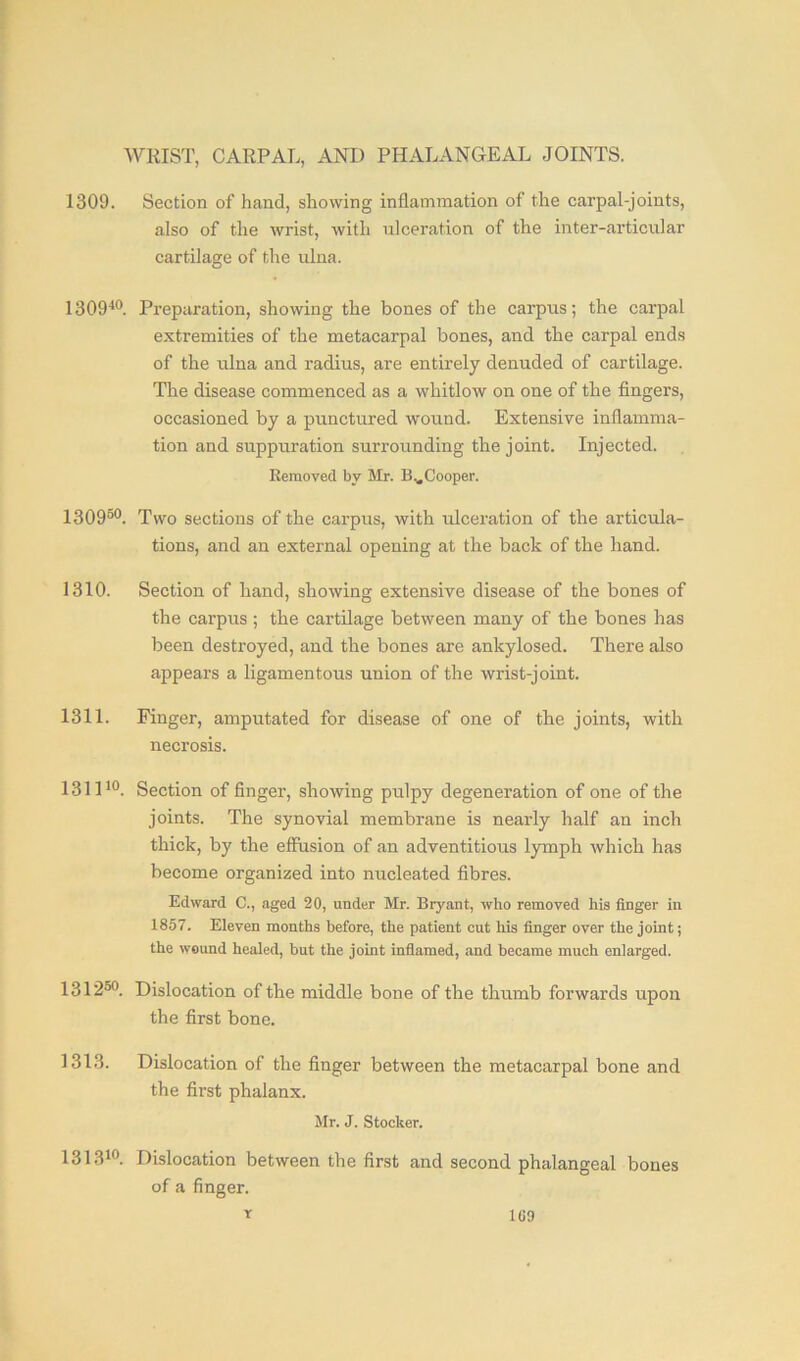 WRIST, CARPAL, AND PHALANGEAL JOINTS. 1309. Section of hand, showing inflammation of the carpal-joints, also of the wrist, with ulceration of the inter-articular cartilage of the ulna. 130940. Preparation, showing the bones of the carpus; the carpal extremities of the metacarpal bones, and the carpal ends of the ulna and radius, are entirely denuded of cartilage. The disease commenced as a whitlow on one of the fingers, occasioned by a punctured wound. Extensive inflamma- tion and suppuration surrounding the joint. Injected. Removed by Mr. B.,Cooper. 130950. Two sections of the carpus, with ulceration of the articula- tions, and an external opening at the back of the hand. 1310. Section of hand, showing extensive disease of the bones of the carpus ; the cartilage between many of the bones has been destroyed, and the bones are ankylosed. There also appears a ligamentous union of the wrist-joint. 1311. Finger, amputated for disease of one of the joints, with necrosis. 131110. Section of finger, showing pulpy degeneration of one of the joints. The synovial membrane is nearly half an inch thick, by the effusion of an adventitious lymph which has become organized into nucleated fibres. Edward C., aged 20, under Mr. Bryant, who removed his finger in 1857. Eleven months before, the patient cut his finger over the joint; the wound healed, but the joint inflamed, and became much enlarged. 1312°°. Dislocation of the middle bone of the thumb forwards upon the first bone. 1313. Dislocation of the finger between the metacarpal bone and the first phalanx. Mr. J. Stocker. 131310. Dislocation between the first and second phalangeal bones of a finger. r 109