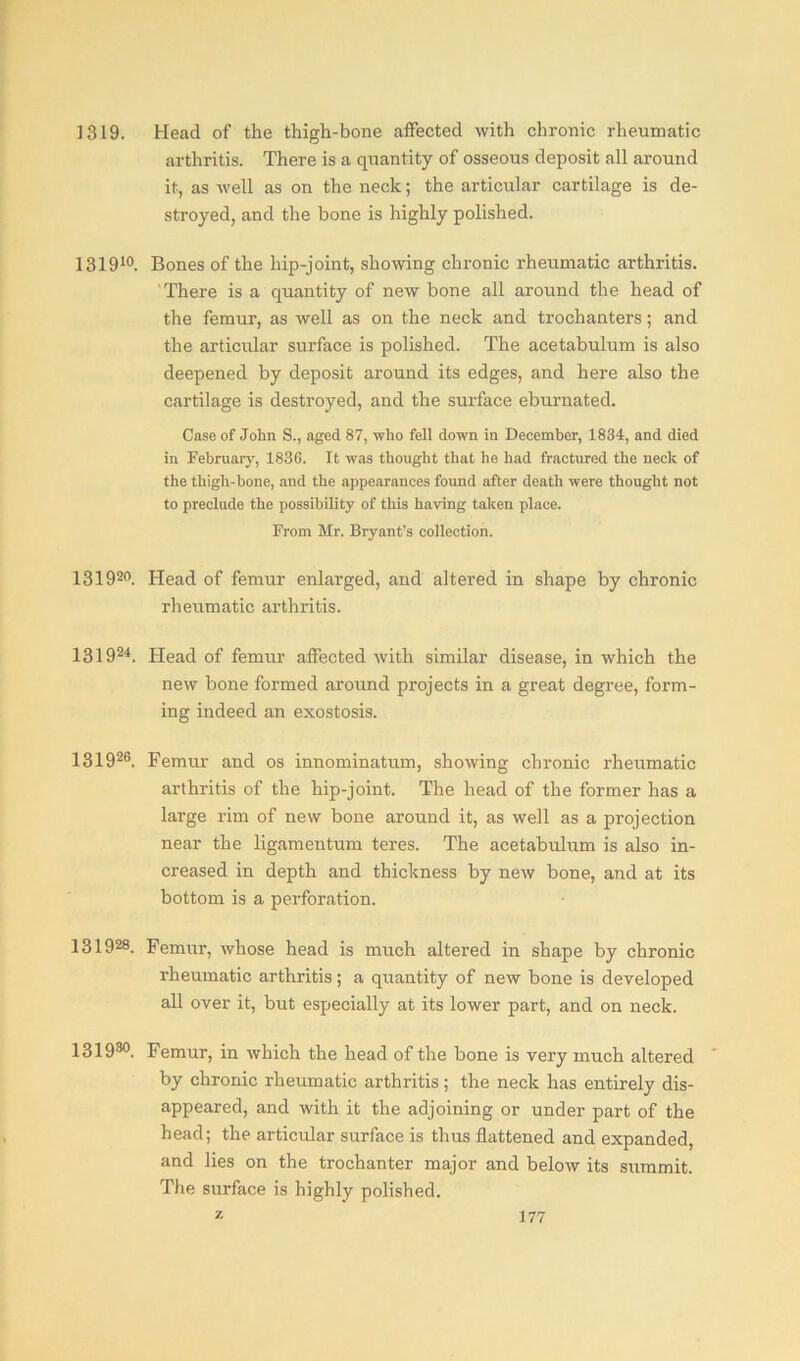 1319. Head of the thigh-bone affected with chronic rheumatic arthritis. There is a quantity of osseous deposit all around it, as well as on the neck; the articular cartilage is de- stroyed, and the bone is highly polished. 131910. Bones of the hip-joint, showing chronic rheumatic arthritis. There is a quantity of new bone all around the head of the femur, as well as on the neck and trochanters; and the articular surface is polished. The acetabulum is also deepened by deposit around its edges, and here also the cartilage is destroyed, and the surface eburnated. Case of John S., aged 87, who fell down in December, 1834, and died in February, 183G. It was thought that he had fractured the neck of the thigh-bone, and the appearances found after death were thought not to preclude the possibility of this having taken place. From Mr. Bryant’s collection. 13 1 920. Head of femur enlarged, and altered in shape by chronic rheumatic arthritis. 131924. Head of femur affected with similar disease, in which the new bone formed around projects in a great degree, form- ing indeed an exostosis. 13 1 926. Femur and os innominatum, showing chronic rheumatic arthritis of the hip-joint. The head of the former has a large rim of new bone around it, as well as a projection near the ligamentum teres. The acetabulum is also in- creased in depth and thickness by new bone, and at its bottom is a perforation. 131928. Femur, whose head is much altered in shape by chronic rheumatic arthritis; a quantity of new bone is developed all over it, but especially at its lower part, and on neck. 131980. Femur, in which the head of the bone is very much altered by chronic rheumatic arthritis; the neck has entirely dis- appeared, and with it the adjoining or under part of the head; the articular surface is thus flattened and expanded, and lies on the trochanter major and below its summit. The surface is highly polished.