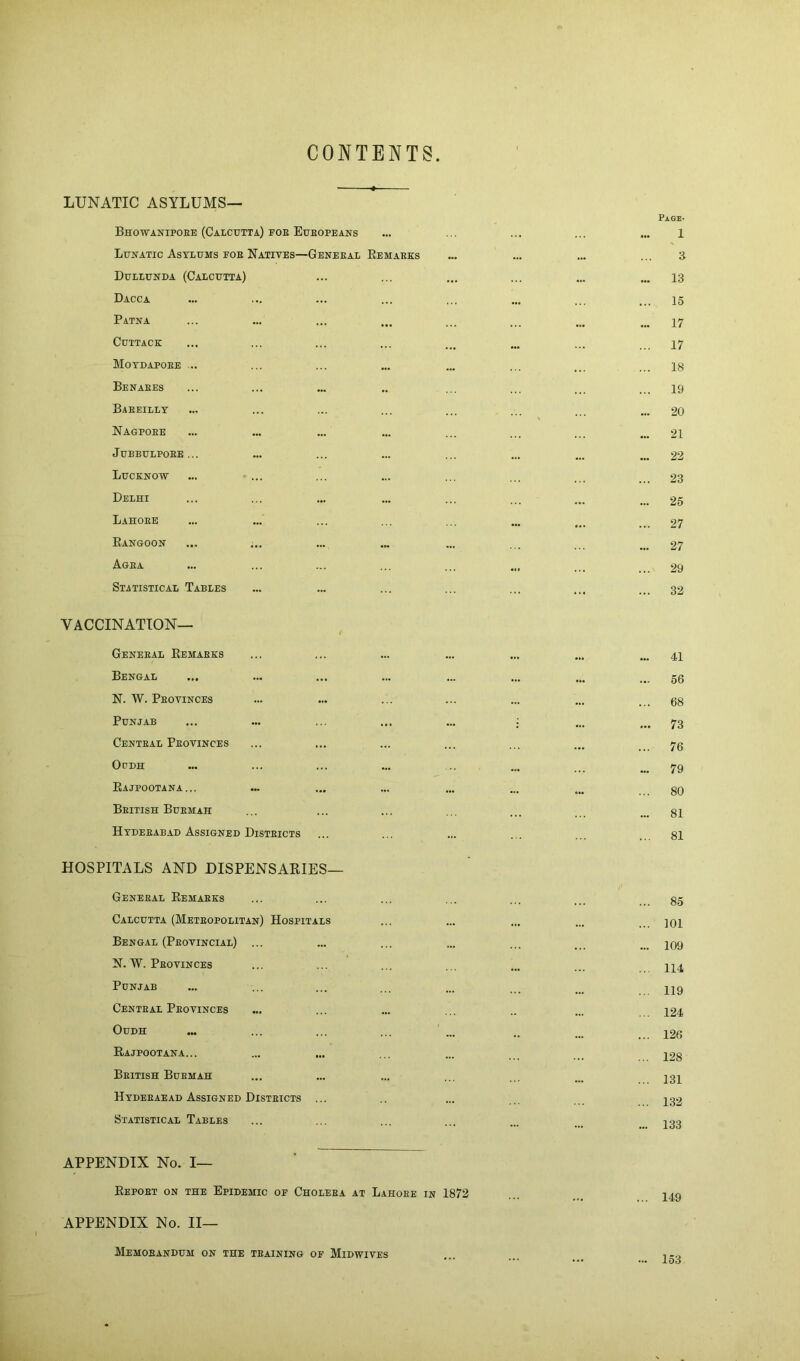 CONTENTS LUNATIC ASYLUMS— Bhowanipobe (Calcutta) foe Eubopeans Lunatic Asylums foe Natives—Geneeal Remakks Dullunda (Calcutta) Dacca Patna Cuttack Motdapoee ... Benaees Baeeilly Nagpoee JUBBULPOEE ... Lucknow Delhi Lahoee Rangoon Agea Statistical Tables VACCINATION— Geneeal Remaeks Bengal ... N. W. Pbovinces Punjab Centeal Peovinces Oddh Rajpootana... Beitish Buemah Hydeeabad Assigned Disteicts HOSPITALS AND DISPENSARIES— Geneeal Remaeks Calcutta (Meteopolitan) Hospitals Bengal (Peoyincial) ... N. W. Peovinces Punjab Centeal Peovinces Oudh Rajpootana... Beitish Buemah Hydeeaead Assigned Disteicts ... Statistical Tables APPENDIX No. I— Repoet on the Epidemic of Choleea at Lahoee in 1872 APPENDIX No. II— Page- 1 3 13 15 17 17 18 19 20 21 22 23 25 27 27 29 32 41 56 68 73 76 79 80 81 81 85 101 109 114 119 124 126 128 131 132 133 149 Memobandum on the teaining of Midwives ... 153