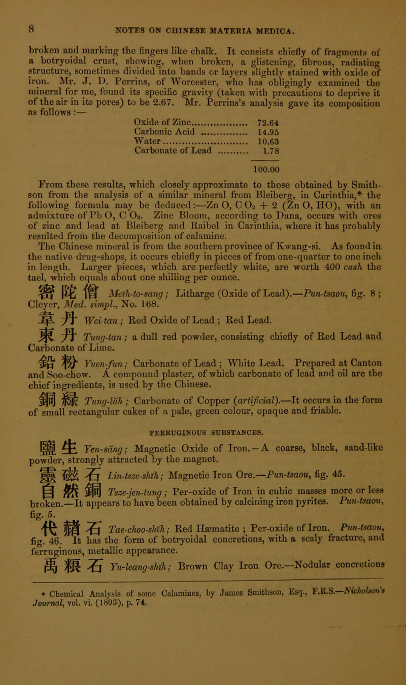 a broken and marking the fingers like chalk. It consists chiefly of fragments of a botryoidal crust, showing, when broken, a glistening, fibrous, radiating structure, sometimes divided into bands or layers slightly stained with oxide of iron. Mr. J. D. Perrins, of Worcester, who has obligingly examined the mineral for me, found its specific gravity (taken with precautions to deprive it of the air in its pores) to be 2.67. Mr. Perrins’s analysis gave its composition as follows:— Oxide of Zinc 72.64 Carbonic Acid 14.95 Water 10.63 Carbonate of Lead 1.78 100.00 From these results, which closely approximate to those obtained by Smith- son from the analysis of a similar mineral from Bleiberg, in Carinthia,* the following formula may be deduced:—Zn O, C 02 + 2 (Zn O, HO), with an admixture of Pb O, C 02. Zinc Bloom, according to Dana, occurs with ores of zinc and lead at Bleiberg and Raibel in Carinthia, where it has probably resulted from the decomposition of calamine. The Chinese mineral is from the southern province of Kwang-si. As found in the native drug-shops, it occurs chiefly in pieces of from one-quarter to one inch in length. Larger pieces, which are perfectly white, are worth 400 cash the tael, which equals about one shilling per ounce. SI® ft Meih-to-sang; Litharge (Oxide of Lead).—Pun-tsaou, fig. 8 ; Cleyer, Med. simpl.. No. 168. Wei-tan ; Red Oxide of Lead ; Red Lead. Tung-tan ; a dull red powder, consisting chiefly of Red Lead and Carbonate of Lime. Yuen-fun; Carbonate of Lead ; White Lead. Prepared at Canton and Soo-chow. A compound plaster, of which carbonate of lead and oil are the chief ingredients, is used by the Chinese. f§[|5] Tung-luh ; Carbonate of Copper (artificial).—It occurs in the form of small rectangular cakes of a pale, green colour, opaque and friable. FERRUGINOUS SUBSTANCES. Yen-sang; Magnetic Oxide of Iron. —A coarse, black, sand-like powder, strongly attracted by the magnet. Lin-tsze-shth; Magnetic Iron Ore.—Pun-tsaou, fig. 45. § Tsze-jen-lung; Per-oxide of Iron in cubic masses more or less broken.—It appears to have been obtained by calcining iron pyrites. Pun-tsaou, fig. 5. Tae-choo-sMh; Red Haematite ; Per-oxide of Iron. Pun-tsaou, fig. 46. It has the form of botryoidal concretions, with a scaly fracture, and ferruginous, metallic appearance. ^5 Yu-leang-sliih; Brown Clay Iron Ore.—Nodular concretions * Chemical Analysis of some Calamines, by James Smithson, Esq., F.K.S. Nicholsons