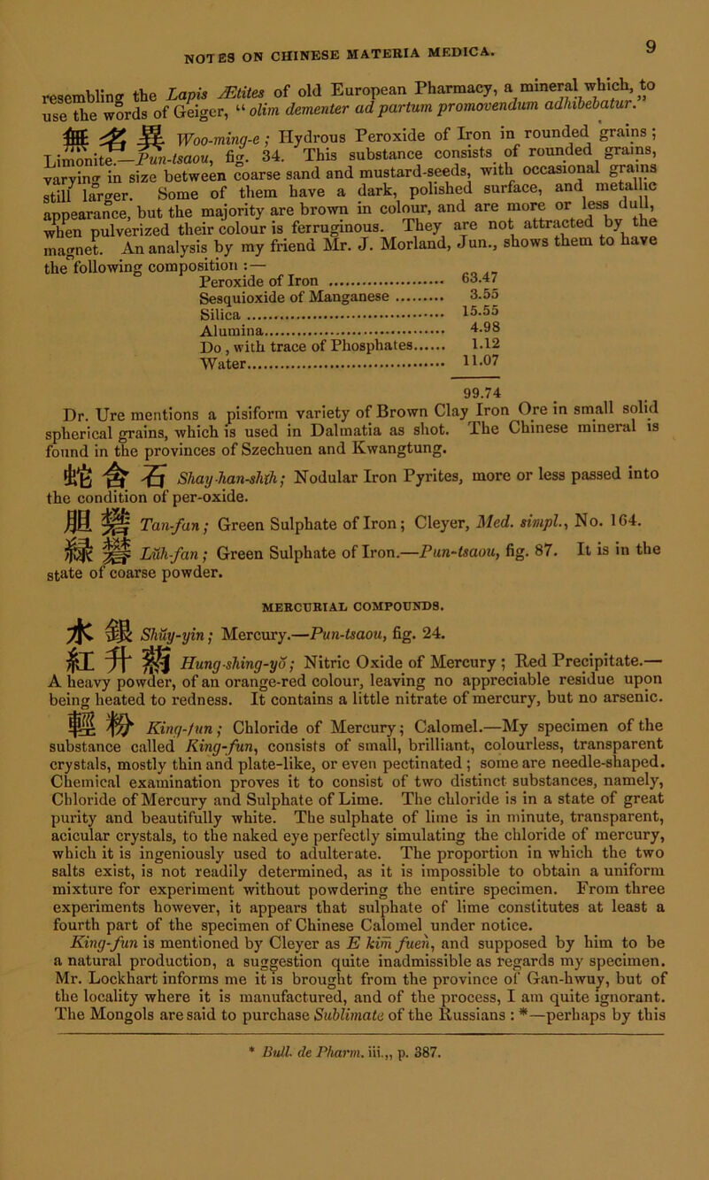 resembling the Lapis 2Etii.es of old European Pharmacy, a mineral which, to use the words of Geiger, “ olim dementer adpartum promovendum adhibebatur. ^ J?. Woo-minq-e; Hydrous Peroxide of Iron in rounded grains ; Tmmmiif-Pun-tsaou, fig. 34. This substance consists of rounded grams, y ary in in size between coarse sand and mustard-seeds with occasional grains Sll larger. Some of them have a dark, polished surface, and metal he appearance, but the majority are brown in colour, and are more orl^sdu, when pulverized their colour is ferruginous. They are not attracted by the magnet. An analysis by my friend Mr. J. Morland, Jun., shows them to have thenfollowing composition : — Peroxide of Iron 63.47 Sesquioxide of Manganese 3.55 Silica 15.55 Alumina 4.98 Do, with trace of Phosphates 1.12 Water H-07 99.74 Dr. Ure mentions a pisiform variety of Brown Clay Iron Ore in small solid spherical grains, which is used in Dalmatia as shot. Ihe Chinese mineral is found in the provinces of Szechuen and Kwangtung. *i E Shay han-shlh; Nodular Iron Pyrites, more or less passed into the condition of per-oxide. IMS ^ Tan-fan; Green Sulphate of Iron; Cleyer, Med. simpl., No. 164. ZZ0 Luli-fan; Green Sulphate of Iron.—Pun-tsaou, fig. 87. It is in the state of coarse powder. MERCURIAL COMPOUNDS. Shuy-yin; Mercury.—Pun-tsaou, fig. 24. Hung -shing-yo; Nitric Oxide of Mercury ; Bed Precipitate.— A heavy powder, of an orange-red colour, leaving no appreciable residue upon being heated to redness. It contains a little nitrate of mercury, but no arsenic. fg King-fun; Chloride of Mercury; Calomel.—My specimen of the substance called King fun, consists of small, brilliant, colourless, transparent crystals, mostly thin and plate-like, or even pectinated ; some are needle-shaped. Chemical examination proves it to consist of two distinct substances, namely, Chloride of Mercury and Sulphate of Lime. The chloride is in a state of great pui’ity and beautifully white. The sulphate of lime is in minute, transparent, acicular crystals, to the naked eye perfectly simulating the chloride of mercury, which it is ingeniously used to adulterate. The proportion in which the two salts exist, is not readily determined, as it is impossible to obtain a uniform mixture for experiment without powdering the entire specimen. From three experiments however, it appears that sulphate of lime constitutes at least a fourth part of the specimen of Chinese Calomel under notice. King-fun is mentioned by Cleyer as E kim fueh, and supposed by him to be a natural production, a suggestion quite inadmissible as regards my specimen. Mr. Lockhart informs me it is brought from the province of Gan-hwuy, but of the locality where it is manufactured, and of the process, I am quite ignorant. The Mongols are said to purchase Sublimate of the Russians : *—perhaps by this * Bull, de Pharm. iii.„ p. 387.