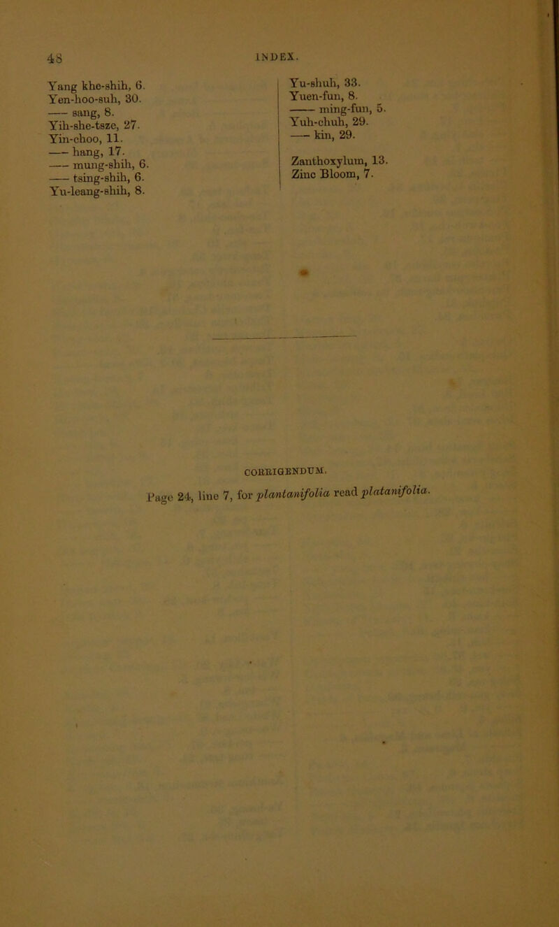 Yang khe-shih, 6. Yen-hoo-8uh, 30. sang, 8. Yili-she-tsze, 27. Yin-choo, 11. hang, 17. mung-shih, 6. tsing-shih, 6. Yu-leang-shih, 8. Yu-shuh, 33. Yuen-fun, 8. ming-fun, 5. Yuh-eliuh, 29. kin, 29. Zanthoxylum, 13. Zinc Bloom, 7- COBBIGENDtTM. Page 24, lino 7, for plantmifolia read platanifolia.