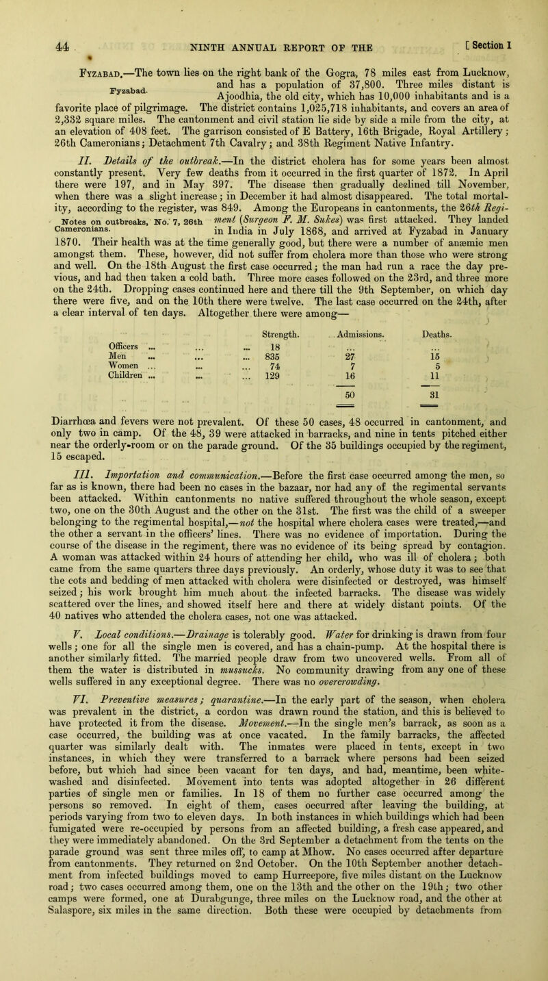 FyzABAD.—The town lies on the right bank of the Gogra, 78 miles east from Lucknow, and has a population of 37,800. Three miles distant is ^ ' Ajoodhia, the old city, which has 10,000 inhabitants and is a favorite place of pilgrimage. The district contains 1,025,718 inhabitants, and covers an area of 2,332 square miles. The cantonment and civil station lie side by side a mile from the city, at an elevation of 408 feet. The garrison consisted of E Battery, 16th Brigade, Royal Artillery; 26th Cameronians; Detachment 7th Cavalry; and 38th Regiment Native Infantry. II. Details of the outbreak.—In the district cholera has for some years been almost constantly present. Very few deaths from it occurred in the first quarter of 1872. In April there were 197, and in May 397. The disease then gradually declined till November, when there was a slight increase; in December it had almost disappeared. The total mortal- ity, according to the register, was 849. Among the Europeans in cantonments, the %Qth Regi- Notes on outbreaks, ifo.'7, 26th {Surgeon P. M. Sukes) was first attacked. They landed Cameronians. India in July 1868, and arrived at Fyzabad in January 1870. Their health was at the time generally good, but there were a number of anaemic men amongst them. These, however, did not suffer from cholera more than those who were strong and well. On the 18th August the first case occurred; the man had run a race the day pre- vious, and had then taken a cold bath. Three more cases followed on the 23rd, and three more on the 24th. Dropping cases continued here and there till the 9th September, on which day there were five, and on the 10th there were twelve. The last case occurred on the 24th, after a clear interval of ten days. Altogether there were among— Strength. Admissions. Deaths. Officers 18 Men ... 835 27 i's Women ... 74 7 5 Children ... ... 129 16 11 50 31 Diarrhoea and fevers were not prevalent. Of these 50 cases, 48 occurred in cantonment, and only two in camp. Of the 48, 39 were attacked in barracks, and nine in tents pitched either near the orderly-room or on the parade ground. Of the 35 buildings occupied by the regiment, 15 escaped. III. Importation and communication.—Before the first case occurred among the men, so far as is known, there had been no cases in the bazaar, nor had any of the regimental servants been attacked. Within cantonments no native suffered throughout the whole season, except two, one oh the 30th August and the other on the 31st. The first was the child of a sweeper belonging to the regimental hospital,—not the hospital where cholera cases were treated,—and the other a servant in the ofiicers' lines. There was no evidence of importation. During the course of the disease in the regiment, there was no evidence of its being spread by contagion. A woman was attacked within 24 hours of attending her child, who was ill of cholera; both came from the same quarters three days previously. An orderly, whose duty it was to see that the cots and bedding of men attacked with cholera were disinfected or destroyed, was himself seized; his work brought him much about the infected barracks. The disease was widely scattered over the lines, and showed itself here and there at widely distant points. Of the 40 natives who attended the cholera cases, not one was attacked. Y. Local conditions.—Drainage is tolerably good. Water for drinking is drawn from four wells ; one for all the single men is covered, and has a chain-pump. At the hospital there is another similarly fitted. The married people draw from two uncovered wells. From all of them the water is distributed in mussucks. No community drawing from any one of these wells suffered in any exceptional degree. There was no overcrowding. VI. Preventive measures; quarantine.—In the early part of the season, when cholera was prevalent in the district, a cordon was drawn round the station, and this is believed to have protected it from the disease. Movement.—In the single men^s barrack, as soon as a case occurred, the building was at once vacated. In the family barracks, the affected quarter was similarly dealt with. The inmates were placed in tents, except in two instances, in which they were transferred to a barrack where persons had been seized before, but which had since been vacant for ten days, and bad, meantime, been white- washed and disinfected. Movement into tents was adopted altogether in 26 different parties of single men or families. In 18 of them no further case occurred among the persons so removed. In eight of them, cases occurred after leaving the building, at periods varying from two to eleven days. In both instances in which buildings which had been fumigated were re-occupied by persons from an affected building, a fresh ease appeared, and they were immediately abandoned. On the 3rd September a detachment from the tents on the parade ground was sent three miles off, to camp at Mbow. No cases occurred after departure from cantonments. They returned on 2nd October. On the 10th September another detach- ment from infected buildings moved to camp Hurreepore, five miles distant on the Lucknow road; two cases occurred among them, one on the 13th and the other on the 19th; two other camps were formed, one at Durabgunge, three miles on the Lucknow road, and the other at Salaspore, six miles in the same direction. Both these were occupied by detachments from
