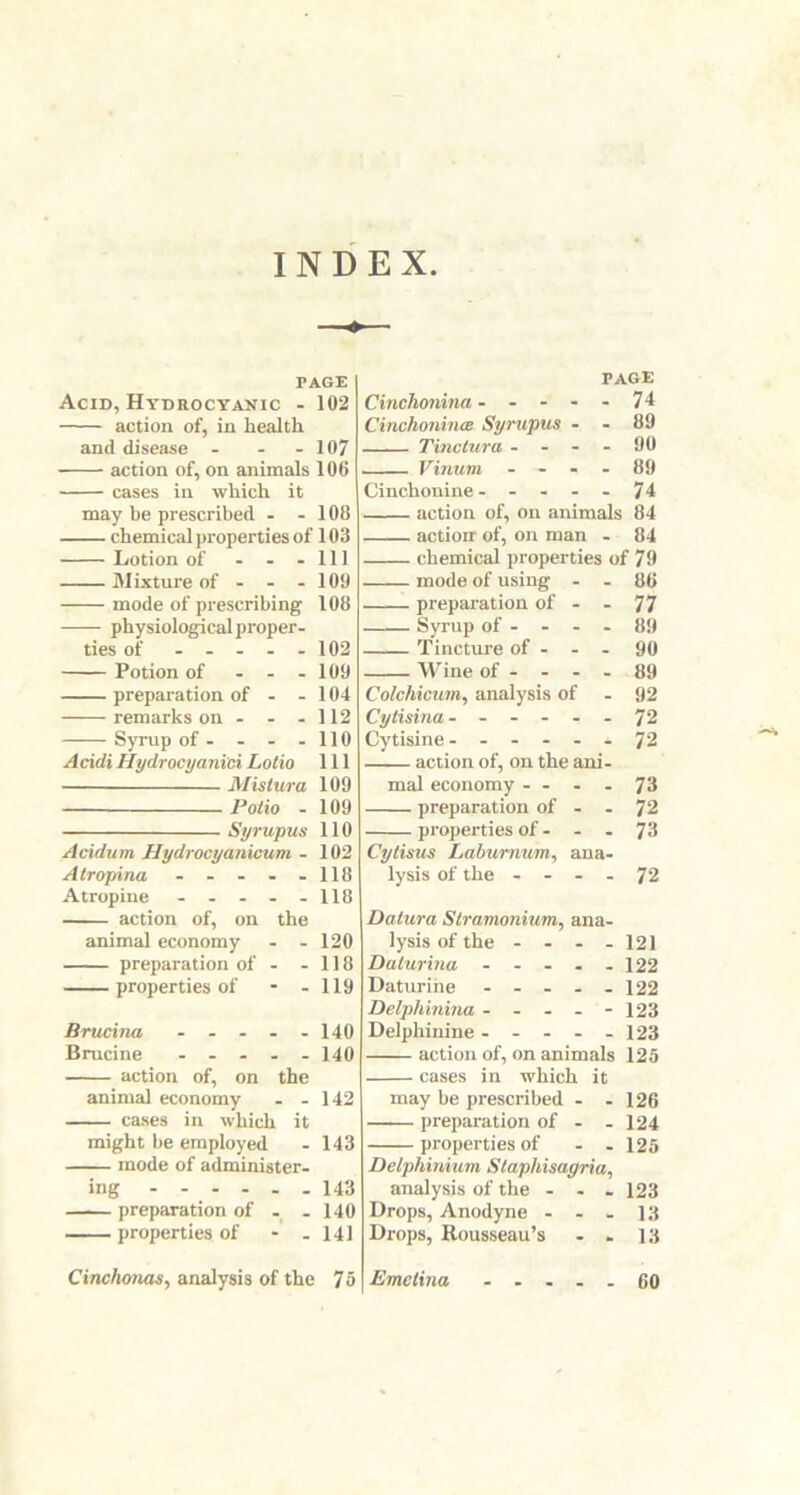 INDEX TAGE Acid, Hydrocyanic - 102 action of, in health and disease - - - 107 action of, on animals 106 cases in which it may be prescribed - - 108 chemical properties of 103 Lotion of - - - 111 Mixture of - - - 109 mode of prescribing 108 physiological proper- ties of ----- 102 Potion of - - - 109 preparation of - - 104 remarks on - - - 112 Syrup of- - - -110 Acidi Hydrocyanic* Lotio 111 Mistura 109 Potio - 109 Syrupus 110 Acidum Hydrocyanicum - 102 Atropina ----- 118 Atropine - - - - -118 action of, on the animal economy - - 120 preparation of - - 118 properties of - - 119 Brucina ----- 140 Brucine ----- 140 action of, on the animal economy - - 142 cases in which it might be employed - 143 mode of administer- ing 143 preparation of - - 140 properties of - - 141 Cinchonas, analysis of the 75 PAGE Cinchonina - - - - - 74 Cinchonines Syrupus - - 89 Tinctura - - - - 90 Vinum - - - - 89 Cinchonine ----- 74 action of, on animals 84 action of, on man - 84 chemical properties of 79 mode of using - - 86 preparation of - - 77 Syrup of - - - - 89 Tincture of - - - 90 Wine of - - - - 89 Colchicum, analysis of - 92 Cytisina- ----- 72 Cytisine- - - - - * 72 action of, on the ani- mal economy - ... 73 preparation of - - 72 properties of - - - 73 Cytisus Laburnum, ana- lysis of the - - - - 72 Datura Stramonium, ana- lysis of the - - - - 121 Daturina - - - - - 122 Da t urine - - - - - 122 Delphinina - - - - - 123 Delphinine - - - - - 123 action of, on animals 125 cases in which it may be prescribed - - 126 preparation of - - 124 properties of - - 125 Delphinium Slaphisagria, analysis of the - - - 123 Drops, Anodyne - - . 13 Drops, Rousseau’s - . 13 Emelina 60