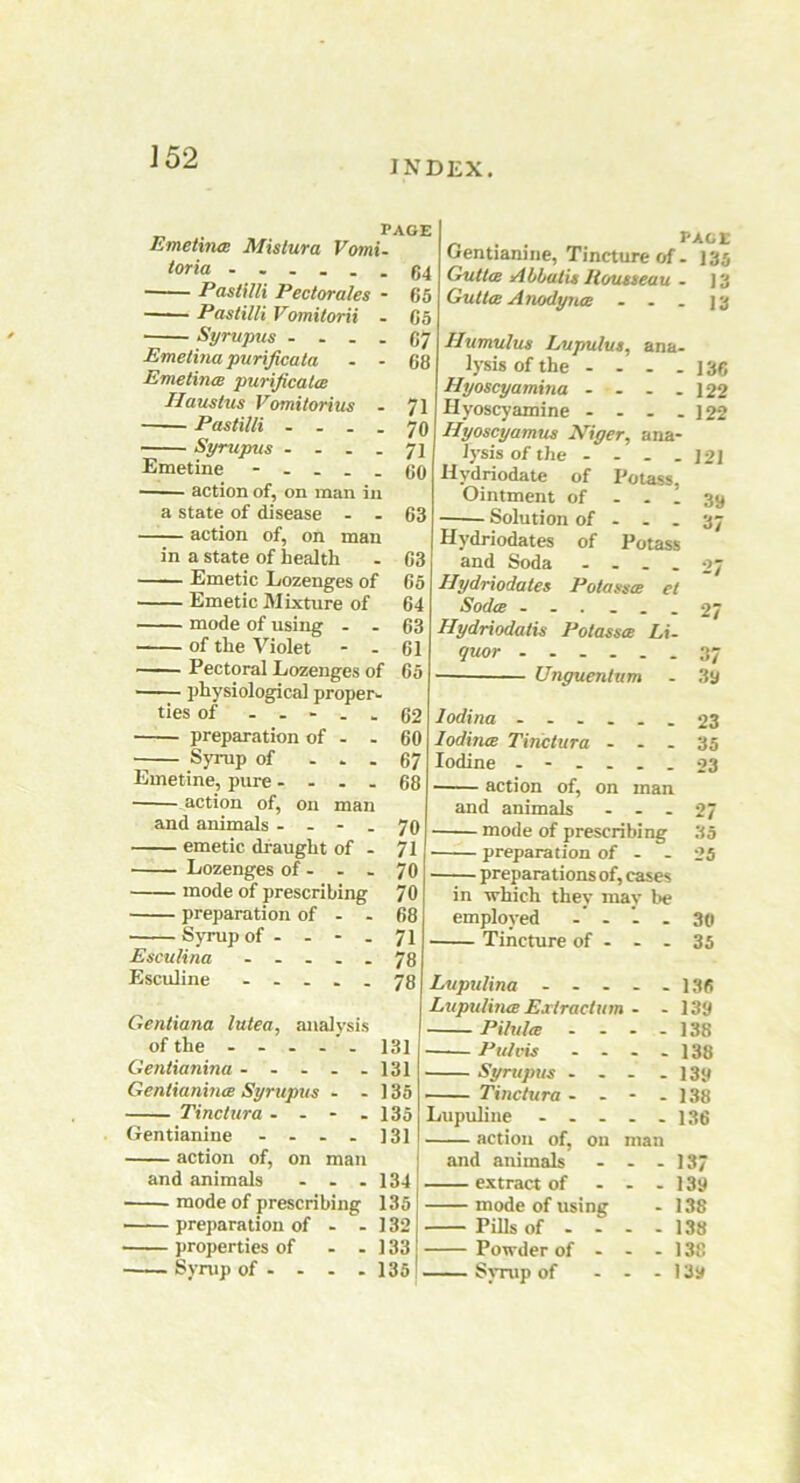 J 52 INDEX. . PAGE Emetince Mislura Vomi- toria ...... g4 Pastilli Perforates - 65 Pastilli Vomitorii - 65 Syrupus .... 6? Emelina purificata - - 68 Emetines purijicatm Hauslus Vomitorius - 71 Pastilli - ... 70 Syrupus - ... 71 Emetine - .... 60 action of, on man in a state of disease - . 63 action of, on man in a state of health - 63 Emetic Lozenges of 65 Emetic Mixture of 64 mode of using . . 63 of the Violet - - 61 Pectoral Lozenges of 65 physiological proper. ties of ----- 62 preparation of - - 60 Syrup of ... 67 Emetine, pure .... 68 action of, on man and animals - - - . 70 emetic draught of - 71 Lozenges of - - . 70 mode of prescribing 70 preparation of - - 68 Syrup of - - - . 71 Esculina ..... 78 Esculine ..... 78 Gentiana lutea, analysis of the ..... 131 Gentianina 131 Genlianince Syrupus - - 135 Tinctura - - - -135 Gentianine - - . . 131 action of, on man and animals - . .134 mode of prescribing 135 • preparation of - - 132 • properties of - - 133 Syrup of --- . 135 Gentianine, Tincture of- 135 Guttce Abbatis Rousseau - J3 Guttas Anodynes ... 13 Ilumulus Lupulus, ana- lysis of the - - . - 136 Hyoscyamina - - . -122 Hyoscyamine - - . -122 Hyoscyamus Niger, ana- lysis of the - - - .121 Hydriodate of Potass, Ointment of ... 39 Solution of - . . 37 Hydriodates of Potass and Soda - ... 07 Hydriodates Potasses el Sodas --.... 27 Hydriodatis Potasses Li- quor 37 Unguentum - 3a Iodina ---... 23 Iodince Tinctura - . . 35 Iodine ------ 23 action of, on man and animals - - - 27 mode of prescribing 35 preparation of - - 25 preparations of, cases in which they may be employed . 30 Tincture of - - - 35 Lupulina 136 Lupu/itue Extract um - -133 Pilules - - - - 138 Pul vis - - - - 138 Syrupus - . - - 133 Tinctura - . - -138 Lupuline - . - . -136 action of, on man and animals - - - 137 extract of - - . 133 mode of using - 138 Pills of - - - - 138 Powder of - - - 138 Syrup of - - - 133