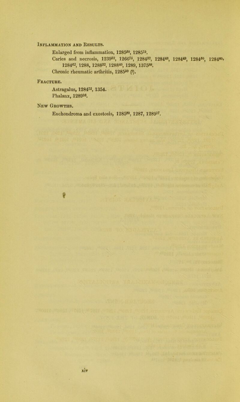 Inflammation and Results. Enlarged from inflammation, 1285^0^ 1285^^. Caries and necrosis, 123032, 1266^3, 128432, 1284^, 1284^3^ 1284^*^, 12843°» 128462, 1288, 128832, 128840, 1289, 137568. Chronic rheumatic arthritis, 128530 (?). Fracture. Astragalus, 1284^3^ 1354. Phalanx, 128046. New Growths. Enchondroma and exostosis, 128560, 1287, 128047.