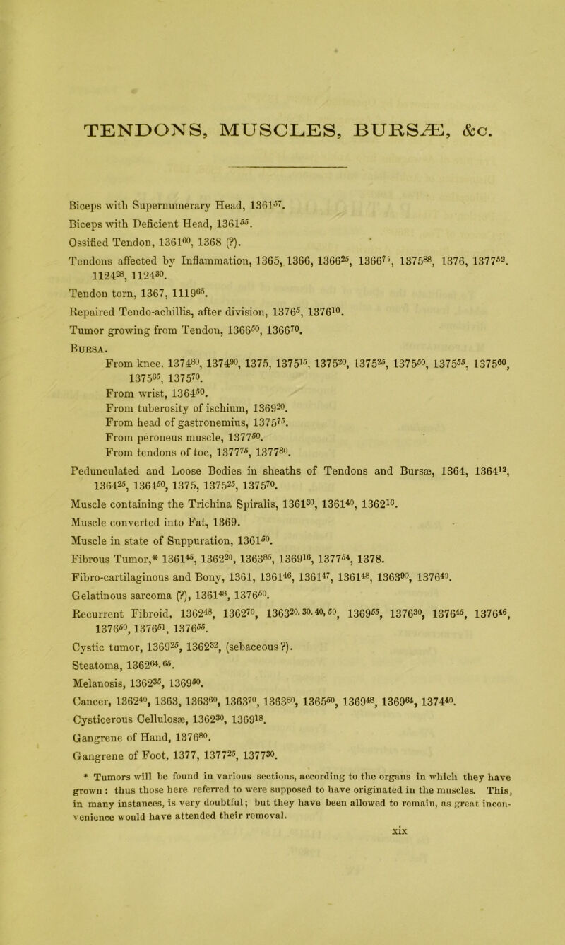 TENDONS, MUSCLES, BURS^, &c. Biceps with Supernumerary Head, Biceps with Deficient Head, 1361^^. Ossified Tendon, 1361®o, 1368 (?). Tendons affected by Inflammation, 1365, 1366, 136625, 1366?^ 137588, 1376, 137753. 112428, 112430. Tendon torn, 1367, lllQO^. Repaired Tendo-achillis, after division, 1376®, 137610. Tumor growing from Tendon, 1366^0, 13661^0, Bursa. From knee. 137480, 137490, 1375, 137513, 137 520, 137 525, 137 550, 13 7535, 137500, 137505, 137510. From wrist, 13 6450. From tuberosity of ischium, 136020. From head of gastronemius, 137513. From peroneus muscle, 137 750. From tendons of toe, 137 713, 13 7 780. Pedunculated and Loose Bodies in sheaths of Tendons and Bursae, 1364, 136412, 136423, 136430, 1375, 137525, 137510. Muscle containing the Trichina Spiralis, 136120, 136140, 136210. Muscle converted into Fat, 1369. Muscle in state of Suppuration, 136130. Fibrous Tumor,* 136145, 136220, 136385, 136910, 137734, 1378. Fibro-cartilaginous and Bony, 1361, 136146, 136147, 136148, 136390, 137640. Gelatinous sarcoma (?), 136148, 137630. Recurrent Fibroid, 136248, i362io, 136320.30.40,50^ 136035, 137630, 137645, 137646, 137650, 137631, 137633. Cystic tumor, 136925, 136232, (sebaceous?). Steatoma, 136204,65. Melanosis, 136235, 136950. Cancer, 136240, 1363, 136300, 136370, 136380, 136530, 136048, 136964, 137440. Cysticerous Cellulosse, 136230, 136918. Gangrene of Hand, 137680. Gangrene of Foot, 1377, 137725, 137730. * Tumors will be found in various sections, according to the organs in which they have grown : thus those here j-eferred to were supposed to have originated in the muscles. This, in many instances, is very doubtful; but they have been allowed to remain, as great incon- venience would have attended their removal.