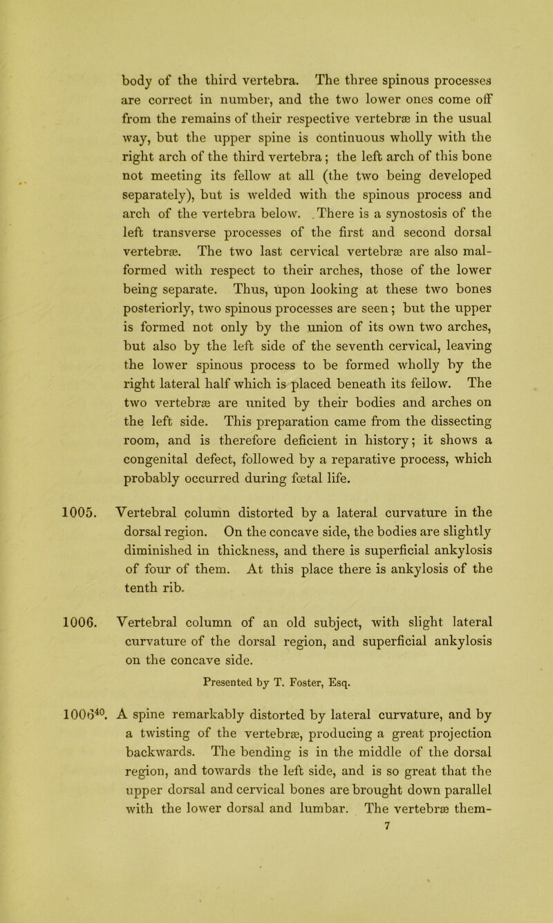 body of the third vertebra. The three spinous processes are correct in number, and the two lower ones come off from the remains of their respective vertebrae in the usual way, but the upper spine is continuous wholly with the right arch of the third vertebra; the left arch of this bone not meeting its fellow at all (the two being developed separately), but is welded with the spinous process and arch of the vertebra below. . There is a synostosis of the left transverse processes of the first and second dorsal vertebrae. The two last cervical vertebrae are also mal- formed with respect to their arches, those of the lower being separate. Thus, upon looking at these two bones posteriorly, two spinous processes are seen; but the upper is formed not only by the union of its own two arches, but also by the left side of the seventh cervical, leaving the lower spinous process to be formed wholly by the right lateral half which is placed beneath its fellow. The two vertebrae are united by their bodies and arches on the left side. This preparation came from the dissecting room, and is therefore deficient in history; it shows a congenital defect, followed by a reparative process, which probably occurred during foetal life. 1005. Vertebral column distorted by a lateral curvature in the dorsal region. On the concave side, the bodies are slightly diminished in thickness, and there is superficial ankylosis of four of them. At this place there is ankylosis of the tenth rib. 1006. Vertebral column of an old subject, with slight lateral curvature of the dorsal region, and superficial ankylosis on the concave side. Presented by T. Foster, Esq. 1006'*®. A spine remarkably distorted by lateral curvature, and by a twisting of the vertebraB, producing a great projection backwards. The bending is in the middle of the dorsal region, and towards the left side, and is so great that the upper dorsal and cervical bones are brought down parallel with the lower dorsal and lumbar. The vertebras them-