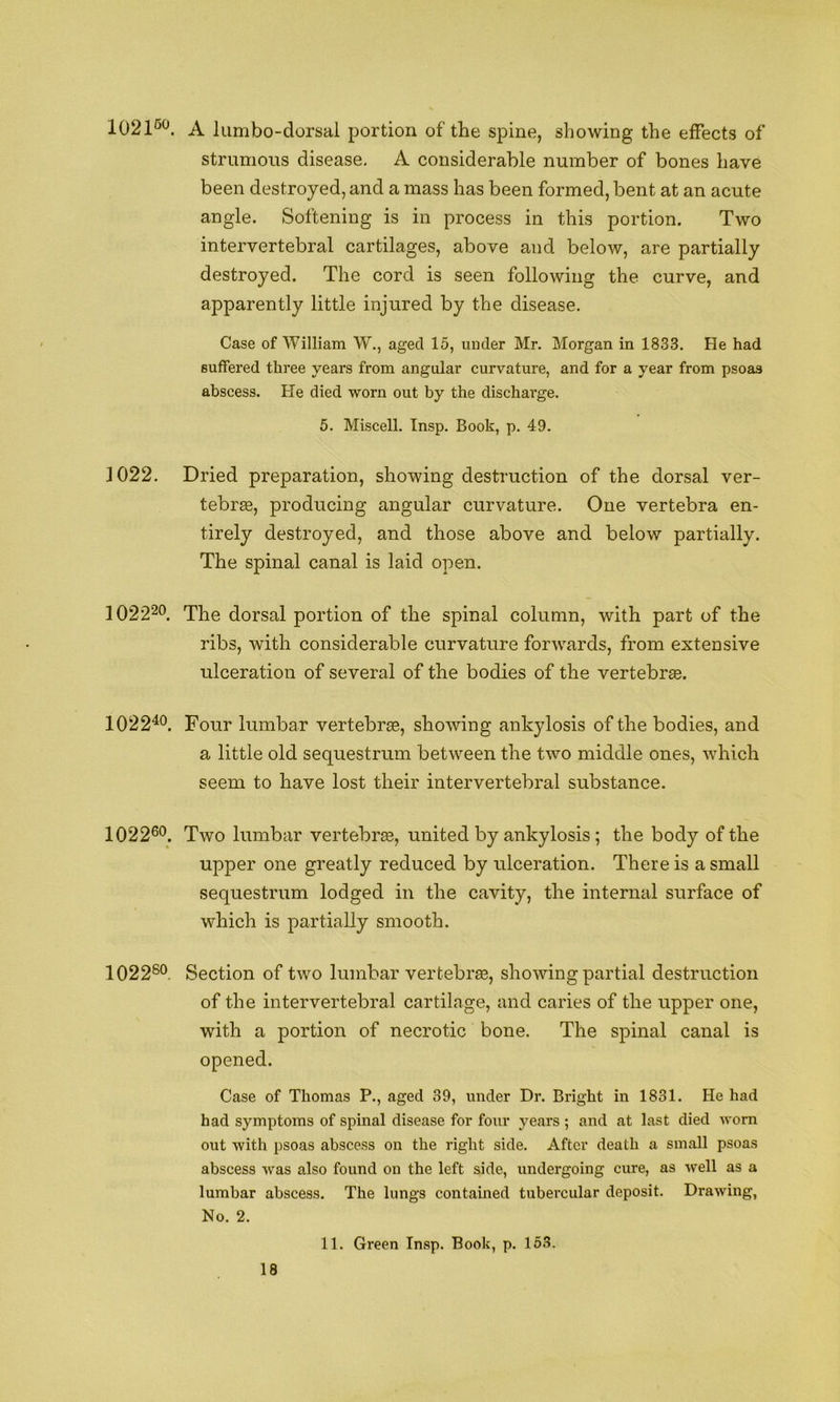 1021'^^. A liimbo-dorsal portion of the spine, showing the effects of strumous disease. A considerable number of bones have been destroyed, and a mass has been formed, bent at an acute angle. Softening is in process in this portion. Two intervertebral cartilages, above and below, are partially destroyed. The cord is seen following the curve, and apparently little injured by the disease. Case of William W., aged 15, under Mr. Morgan in 1833. He had suffered three years from angular curvature, and for a year from psoas abscess. He died worn out by the discharge. 5. Miscell. Insp. Book, p. 49. 1022. Dried preparation, showing destruction of the dorsal ver- tebras, producing angular curvature. One vertebra en- tirely destroyed, and those above and below partially. The spinal canal is laid open. 102220 The dorsal portion of the spinal column, with part of the ribs, with considerable curvature forwards, from extensive ulceration of several of the bodies of the vertebrae. 1022^0^ Four lumbar vertebrae, showing ankylosis of the bodies, and a little old sequestrum between the two middle ones, which seem to have lost their intervertebral substance. 1022®o. Two lumbar vertebra, united by ankylosis ; the body of the upper one greatly reduced by ulceration. There is a small sequestrum lodged in the cavity, the internal surface of which is partially smooth. 1022®®. Section of two lumbar vertebrae, showing partial destruction of the intervertebral cartilage, and caries of the upper one, with a portion of necrotic bone. The spinal canal is opened. Case of Thomas P., aged 39, under Dr. Bright in 1831. He had had symptoms of spinal disease for four years ; and at last died worn out with psoas abscess on the right side. After death a small psoas abscess was also found on the left side, undergoing cure, as well as a lumbar abscess. The lungs contamed tubercular deposit. Drawing, No. 2. 11. Green Insp. Book, p. 153.