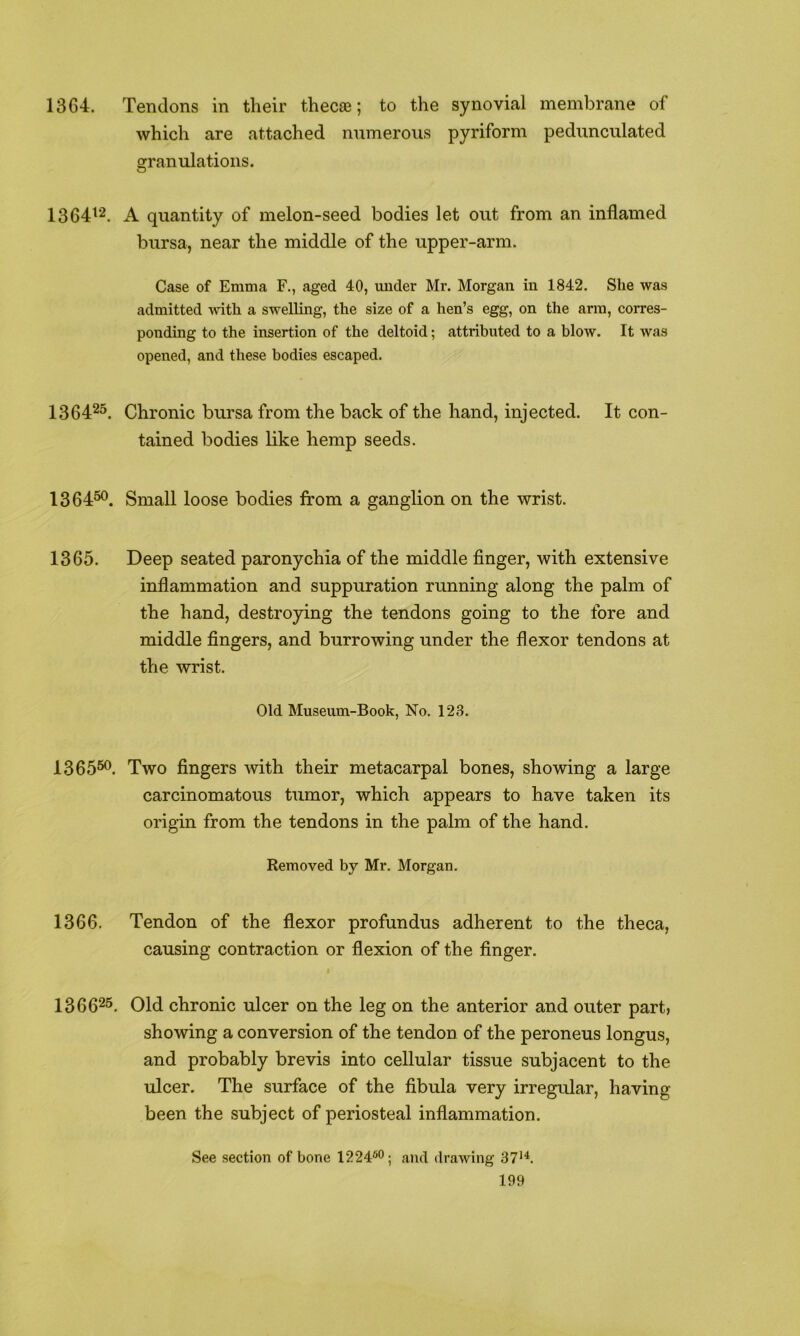 1364. Tendons in their thecae; to the synovial membrane of which are attached numerous pyriform pedunculated granulations. 1364^''^. A quantity of melon-seed bodies let out from an inflamed bursa, near the middle of the upper-arm. Case of Emma F., aged 40, under Mr. Morgan in 1842. She was admitted with a swelling, the size of a hen’s egg, on the arm, corres- ponding to the insertion of the deltoid; attributed to a blow. It was opened, and these bodies escaped. 1364^^. Chronic bursa from the back of the hand, injected. It con- tained bodies like hemp seeds. 1364^. Small loose bodies from a ganglion on the wrist. 1365. Deep seated paronychia of the middle finger, with extensive inflammation and suppuration running along the palm of the hand, destroying the tendons going to the fore and middle fingers, and burrowing under the flexor tendons at the wrist. Old Museum-Book, No. 123. 1365^. Two fingers with their metacarpal bones, showing a large carcinomatous tumor, which appears to have taken its origin from the tendons in the palm of the hand. Removed by Mr. Morgan. 1366. Tendon of the flexor profundus adherent to the theca, causing contraction or flexion of the finger. I 1366^5. Old chronic ulcer on the leg on the anterior and outer part, showing a conversion of the tendon of the peroneus longus, and probably brevis into cellular tissue subjacent to the ulcer. The surface of the fibula very irregular, having been the subject of periosteal inflammation. See section of bone 1224®*^; and drawing 37'^.