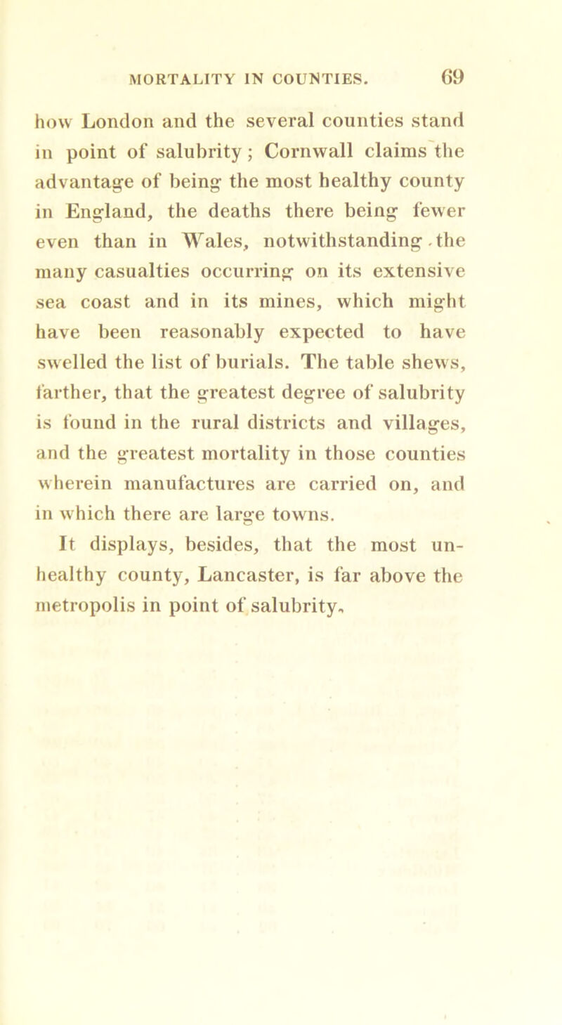 how London and the several counties stand in point of salubrity; Cornwall claims the advantage of being the most healthy county in England, the deaths there being fewer even than in Wales, notwithstanding .the many casualties occurring on its extensive sea coast and in its mines, which might have been reasonably expected to have swelled the list of burials. The table shews, farther, that the greatest degree of salubrity is found in the rural districts and villages, and the greatest mortality in those counties wherein manufactures are carried on, and in which there are large towns. It displays, besides, that the most un- healthy county, Lancaster, is far above the metropolis in point of salubrity.