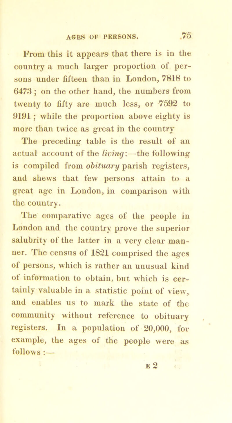 From this it appears that there is in the country a much larger proportion of per- sons under fifteen than in London, 7818 to 6473 ; on the other hand, the numbers from twenty to fifty are much less, or 7592 to 9191 ; while the proportion above eighty is more than twice as great in the country The preceding table is the result of an actual account of the living:—the following is compiled from obituary parish registers, and shews that few persons attain to a great age in London, in comparison with the country. The comparative ages of the people in London and the country prove the superior salubrity of the latter in a very clear man- ner. The census of 1821 comprised the ages of persons, which is rather an unusual kind of information to obtain, but which is cer- tainly valuable in a statistic point of view, and enables us to mark the state of the community without reference to obituary registers. In a population of 20,000, for example, the ages of the people were as follows :—