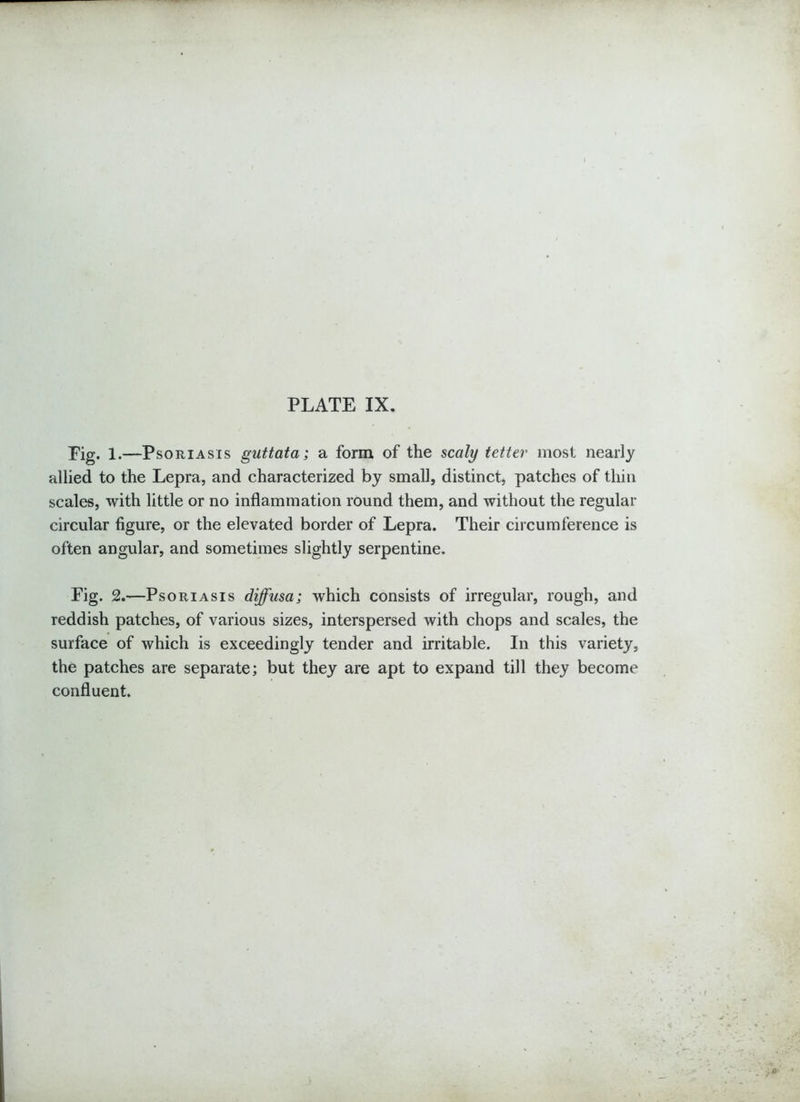 Pig. 1.—Psoriasis guttata; a form of the scaly tetter most nearly allied to the Lepra, and characterized by small, distinct, patches of thin scales, with little or no inflammation round them, and without the regular circular figure, or the elevated border of Lepra. Their circumference is often angular, and sometimes slightly serpentine. Fig. 2.—Psoriasis diffusa; which consists of irregular, rough, and reddish patches, of various sizes, interspersed with chops and scales, the surface of which is exceedingly tender and irritable. In this variety, the patches are separate; but they are apt to expand till they become confluent.