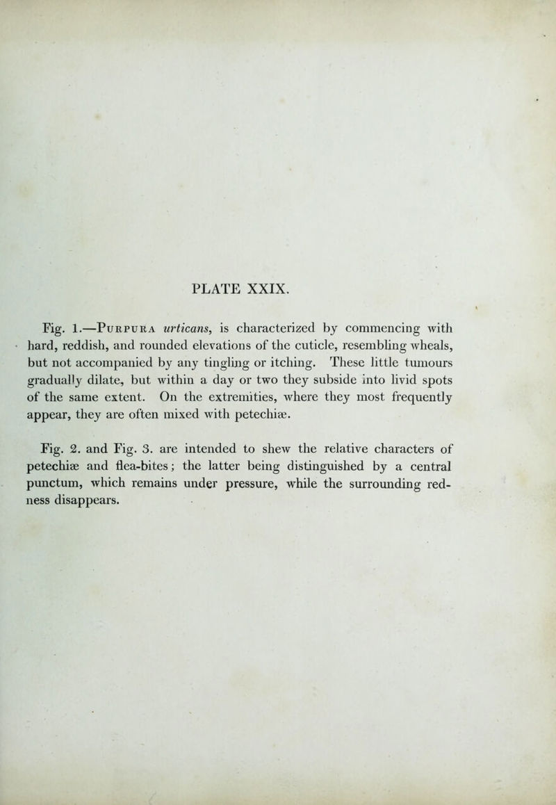 Fig. 1.—Purpura urticans, is characterized by commencing with hard, reddish, and rounded elevations of the cuticle, resembling wheals, but not accompanied by any tingling or itching. These little tumours gradually dilate, but within a day or two they subside into livid spots of the same extent. On the extremities, where they most frequently appear, they are often mixed with petechiae. Fig. 2. and Fig. 3. are intended to shew the relative characters of petechiae and flea-bites; the latter being distinguished by a central punctum, which remains under pressure, while the surrounding red- ness disappears.