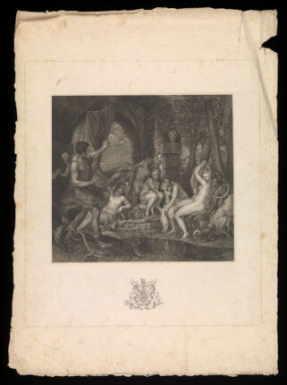 Diana [Artemis] and Actaeon. Stipple engraving by P.W. Tomkins, 1822, after Titian.