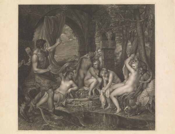 Diana [Artemis] and Actaeon. Stipple engraving by P.W. Tomkins, 1822, after Titian.