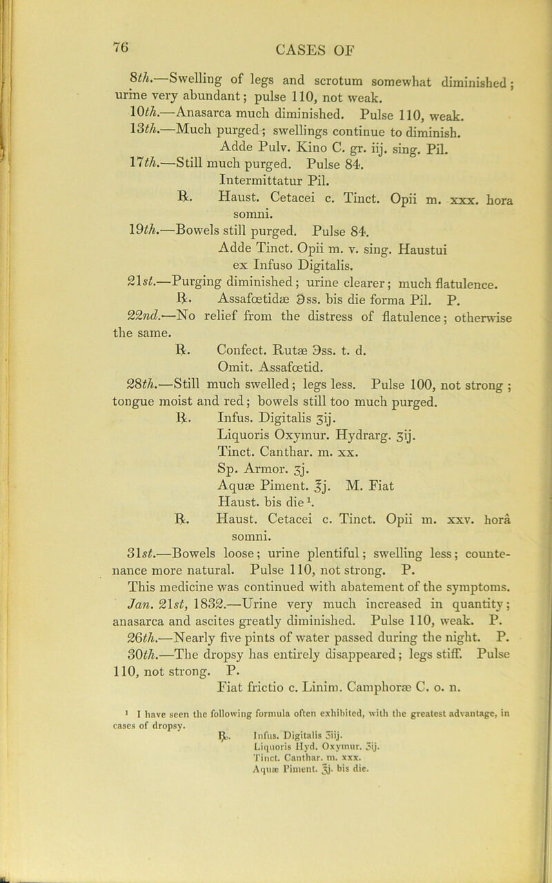 8th.—Swelling of legs and scrotum somewhat diminished ; urine very abundant; pulse 110, not weak. 10^.—Anasarca much diminished. Pulse 110, weak. 13th.—Much purged; swellings continue to diminish. Adde Pulv. Kino C. gr. iij. sing. Pil. 17tli.—Still much purged. Pulse 84*. Intermittatur Pil. R. Haust. Cetacei c. Tinct. Opii m. xxx. hora somni. 19th.—Bowels still purged. Pulse 84. Adde Tinct. Opii m. v. sing. Haustui ex Infuso Digitalis. %\st.—Purging diminished; urine clearer; much flatulence. R- Assafoetidse 9ss. bis die forma Pil. P. 22nd.—No relief from the distress of flatulence; otherwise the same. R. Confect. Rutse 9ss. t. d. Omit. Assafoetid. 28th.—Still much swelled; legs less. Pulse 100, not strong ; tongue moist and red; bowels still too much purged. R. Infus. Digitalis gij. Liquoris Oxymur. Hydrarg. 3ij. Tinct. Canthar. m. xx. Sp. Armor. 3j. Aquae Piment. 3j. M. Fiat Haust. bis die1. R. Haust. Cetacei c. Tinct. Opii m. xxv. hora somni. SIst.—Bowels loose; urine plentiful; swelling less; counte- nance more natural. Pulse 110, not strong. P. This medicine was continued with abatement of the symptoms. Jan. 21st, 1832.—Urine very much increased in quantity; anasarca and ascites greatly diminished. Pulse 110, weak. P. 26th.—Nearly five pints of water passed during the night. P. 30th.—The dropsy has entirely disappeared; legs stiff! Pulse 110, not strong. P. Fiat frictio c. Linim. Camphoras C. o. n. 1 I have seen the following formula often exhibited, with the greatest advantage, in cases of dropsy. fy, Infus. Digitalis 3iij. Liquoris Ilyd. Oxymur. 3ij. Tinct. Canthar. m. xxx. Aqua: Piment. Jj. bis die.