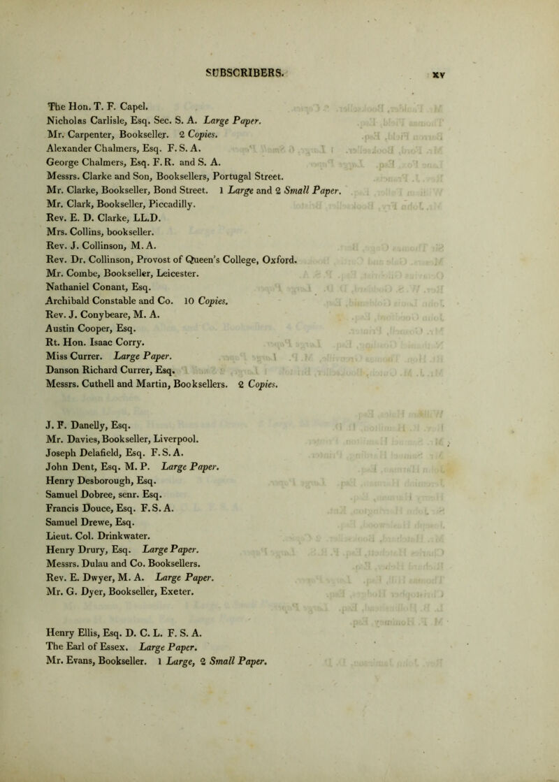 The Hon. T. F. Capel. Nicholas Carlisle, Esq. Sec. S. A. Large Paper. Mr. Carpenter, Bookseller. 2 Copies. Alexander Chalmers, Esq. F. S. A. George Chalmers, Esq. F. R. and S. A. Messrs. Clarke and Son, Booksellers, Portugal Street. Mr. Clarke, Bookseller, Bond Street. 1 Large and 2 Small Paper, Mr. Clark, Bookseller, Piccadilly. Rev. E. D. Clarke, LL.D. Mrs. Collins, bookseller. Rev. J. Collinson, M.A. Rev. Dr, Collinson, Provost of Queen’s College, Oxford. Mr. Combe, Bookseller, Leicester. Nathaniel Conant, Esq. Archibald Constable and Co. 10 Copies. Rev. J. Conybeare, M. A. Austin Cooper, Esq. Rt. Hon. Isaac Corry. Miss Currer. Large Paper. Danson Richard Currer, Esq. Messrs. Cuthell and Martin, Booksellers. 2 Copies. J. F. Daneliy, Esq. Mr. Davies, Bookseller, Liverpool. Joseph Delafield, Esq. F. S. A. John Dent, Esq. M. P. Large Paper. Henry Desborough, Esq. Samuel Dobree, senr. Esq. Francis Douce, Esq. F.S.A. Samuel Drewe, Esq. Lieut. Col. Drinkwater. Henry Drury, Esq. Large Paper. Messrs. Dulau and Co. Booksellers. Rev. E. Dwyer, M. A. Large Paper. Mr. G. Dyer, Bookseller, Exeter. Henry Ellis, Esq. D. C. L. F. S. A. The Earl of Essex. Large Paper. Mr. Evans, Bookseller. 1 Large, 2 Small Paper.