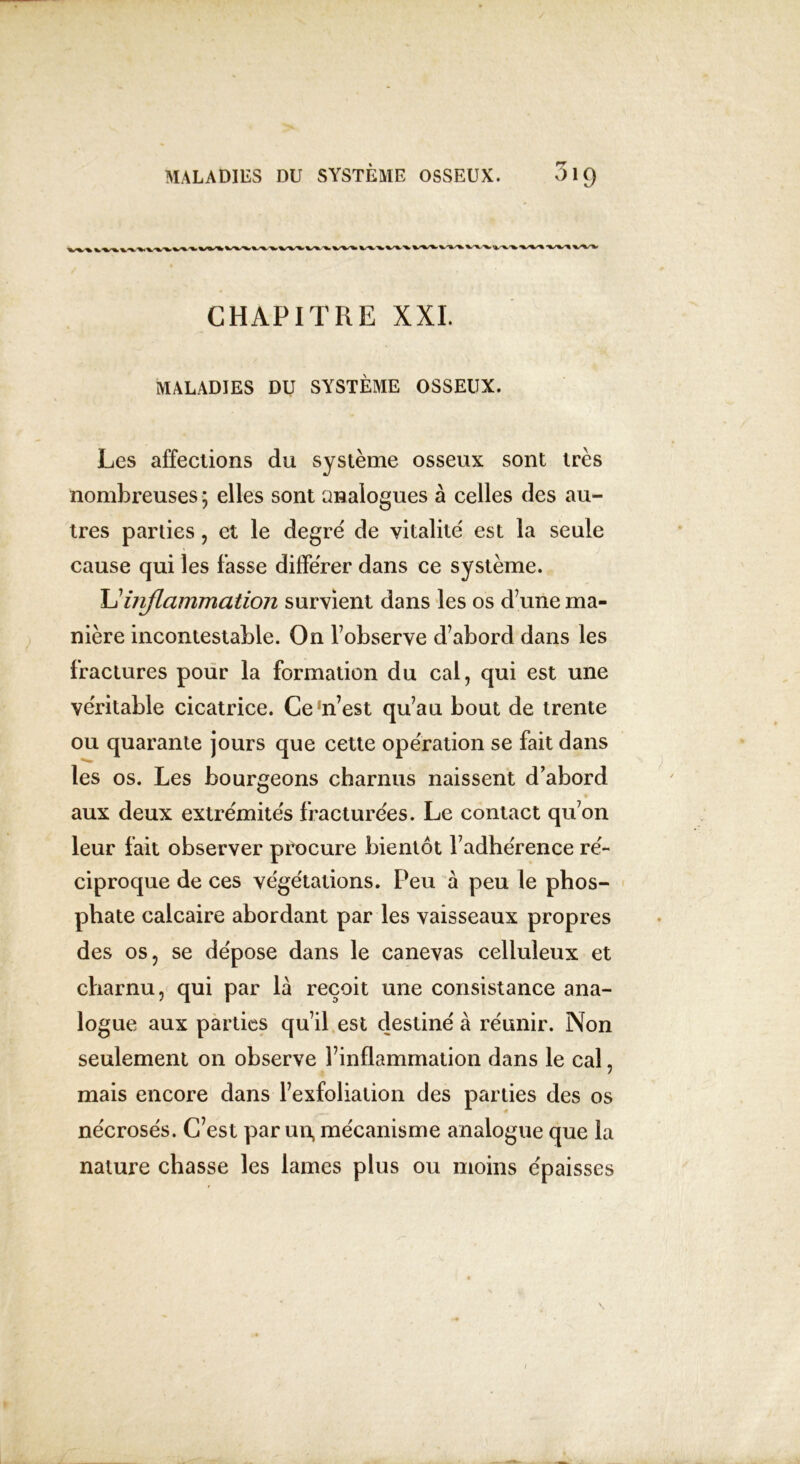 CHAPITRE XXL MALADIES DU SYSTÈME OSSEUX. Les affections du système osseux sont très nombreuses ; elles sont analogues à celles des au- tres parties, et le degré de vitalité est la seule cause qui les fasse différer dans ce système. L’inflammation survient dans les os d’une ma- nière incontestable. On l’observe d’abord dans les fractures pour la formation du cal, qui est une véritable cicatrice. Cesn’est qu’au bout de trente ou quarante jours que cette opération se fait dans les os. Les bourgeons charnus naissent d’abord aux deux extrémités fracturées. Le contact qu’on leur fait observer procure bientôt l’adhérence ré- ciproque de ces végétations. Peu à peu le phos- phate calcaire abordant par les vaisseaux propres des os, se dépose dans le canevas celluleux et charnu, qui par là reçoit une consistance ana- logue aux parties qu’il est destiné à réunir. Non seulement on observe l’inflammation dans le cal, mais encore dans l’exfoliation des parties des os nécrosés. C’est par un, mécanisme analogue que la nature chasse les lames plus ou moins épaisses