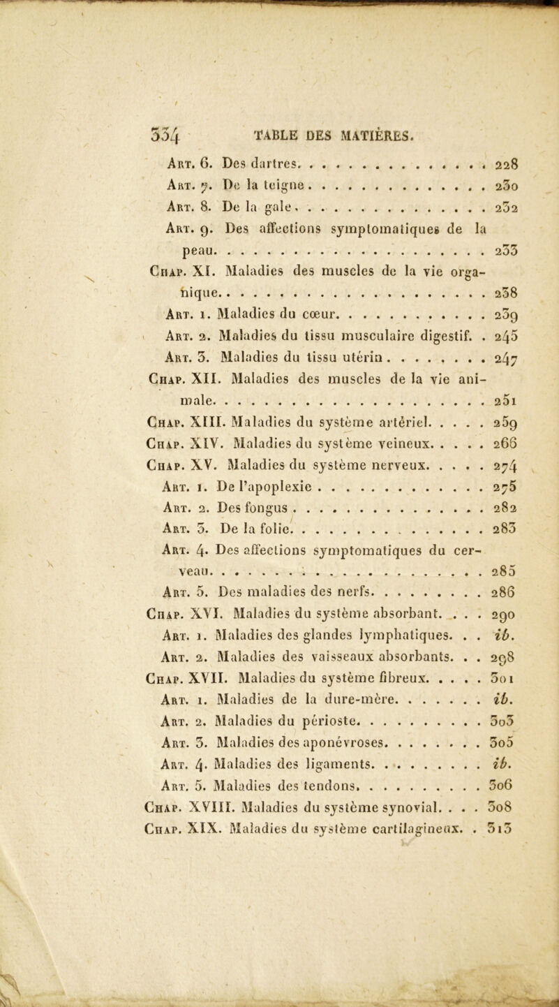 Art. 6. Des dartres 228 Art. y. De la teigne 23o Art. 8. De la gale. 232 Art. 9. Des affections symptomatiques de la peau 233 Char. XI. Maladies des muscles de la vie orga- faique 238 Art. 1. Maladies du cœur 23g Art. 2. Maladies du tissu musculaire digestif. . 245 Art. 3. Maladies du tissu utérin 247 Chap. XII. Maladies des muscles de la vie ani- male 25l Chap. XIII. Maladies du système artériel 269 Chap. XIV. Maladies du système veineux 268 Chap. XV. Maladies du système nerveux 274 Art. 1. De l’apoplexie 275 Art. 2. Des fongus 282 Art. 3. De la folie 283 Art. 4* Des affections symptomatiques du cer- veau 285 Art. 5. Des maladies des nerfs 286 Chap. XVI. Maladies du système absorbant. . . . 290 Art. 1. Maladies des glandes lymphatiques. . . ib. Art. 2. Maladies des vaisseaux absorbants. . . 298 Chap. XVII. Maladies du système fibreux 3oi Art. 1. Maladies de la dure-mère ib. Art. 2. Maladies du périoste 3o5 Art. 3. Maladies des aponévroses 5o5 Art, 4* Maladies des ligaments ib. Art. 5. Maladies des tendons 5o6 Chap. XVIII. Maladies du système synovial. . . . 5o8 Ciiap. XIX. Maladies du système cartilagineux. . 5i3