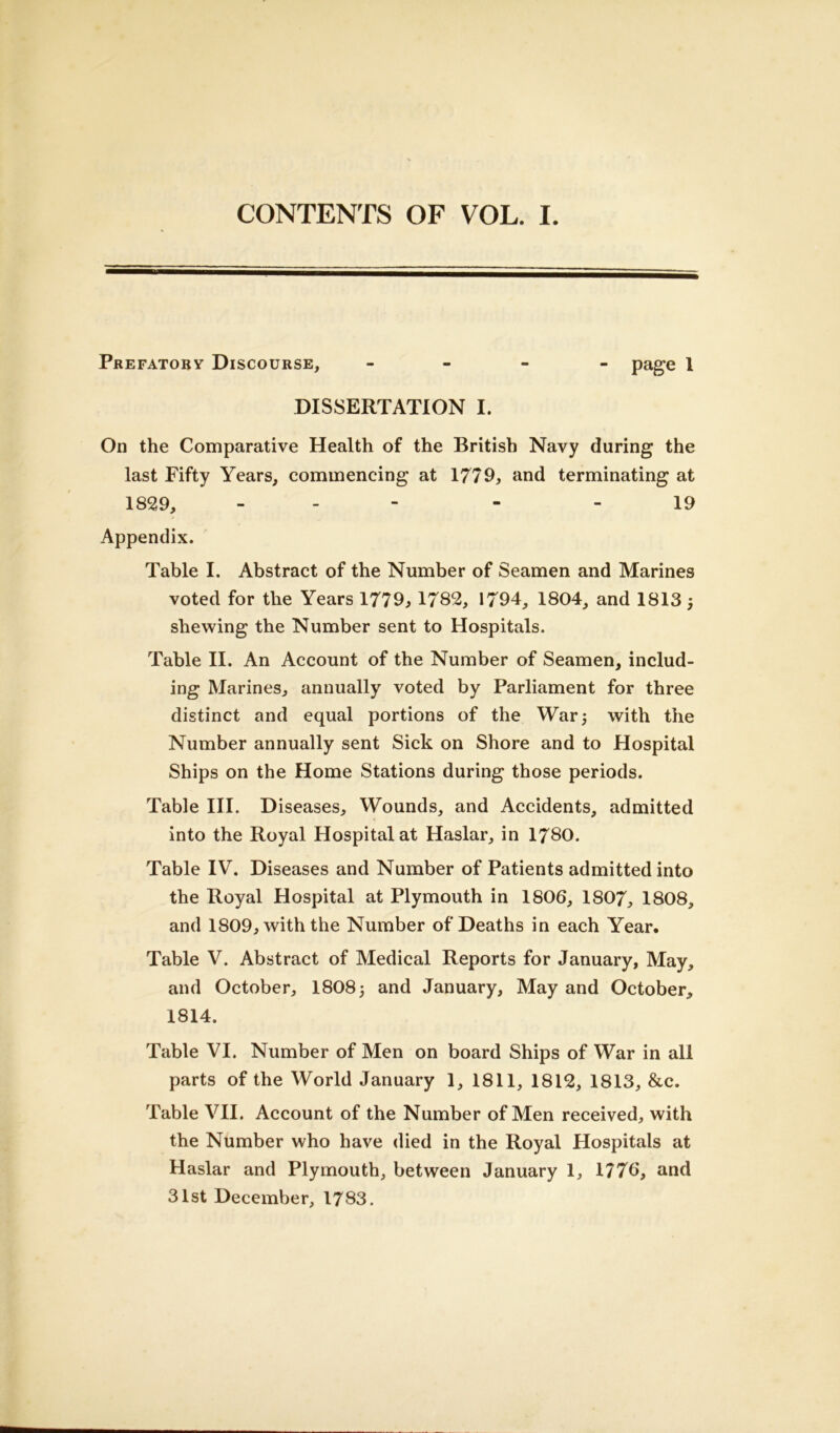 Prefatory Discourse, - page 1 DISSERTATION I. On the Comparative Health of the British Navy during the last Fifty Years, commencing at 1779, and terminating at 1829, - - 19 Appendix. Table I. Abstract of the Number of Seamen and Marines voted for the Years 1779, 1782, 1794, 1804, and 1813 j shewing the Number sent to Hospitals. Table II. An Account of the Number of Seamen, includ- ing Marines, annually voted by Parliament for three distinct and equal portions of the War 5 with the Number annually sent Sick on Shore and to Hospital Ships on the Home Stations during those periods. Table III. Diseases, Wounds, and Accidents, admitted into the Royal Hospital at Haslar, in 1780. Table IV. Diseases and Number of Patients admitted into the Royal Hospital at Plymouth in 1806, 1807, 1808, and 1809, with the Number of Deaths in each Year. Table V. Abstract of Medical Reports for January, May, and October, 18085 and January, May and October, 1814. Table VI. Number of Men on board Ships of War in all parts of the World January 1, 1811, 1812, 1813, &c. Table VII. Account of the Number of Men received, with the Number who have died in the Royal Hospitals at Haslar and Plymouth, between January 1, 1776, and 31st December, 1783.