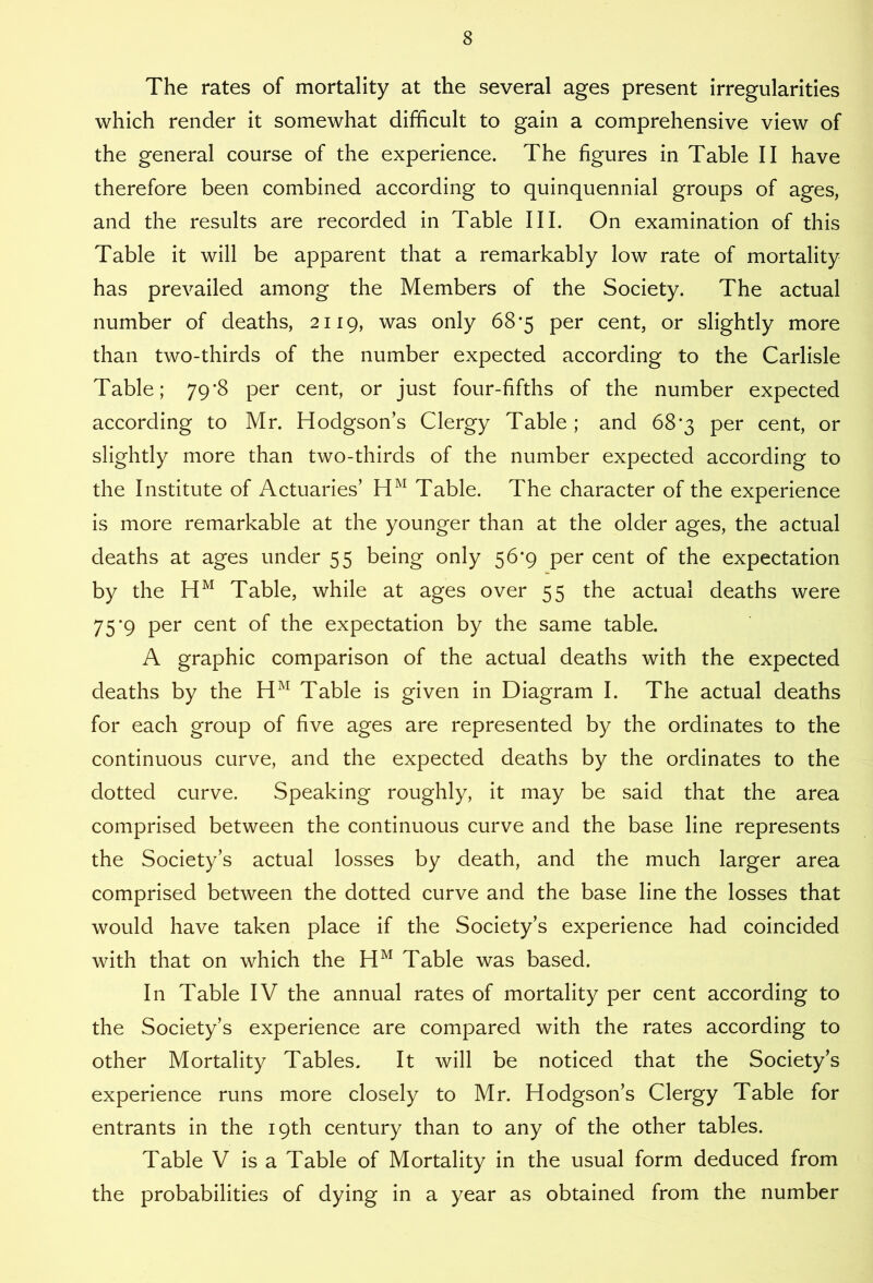 The rates of mortality at the several ages present irregularities which render it somewhat difficult to gain a comprehensive view of the general course of the experience. The figures in Table II have therefore been combined according to quinquennial groups of ages, and the results are recorded in Table III. On examination of this Table it will be apparent that a remarkably low rate of mortality has prevailed among the Members of the Society. The actual number of deaths, 2119, was only 68*5 per cent, or slightly more than two-thirds of the number expected according to the Carlisle Table; 79*8 per cent, or just four-fifths of the number expected according to Mr. Hodgson’s Clergy Table; and 68*3 per cent, or slightly more than two-thirds of the number expected according to the Institute of Actuaries’ Table. The character of the experience is more remarkable at the younger than at the older ages, the actual deaths at ages under 55 being only 56*9 per cent of the expectation by the Table, while at ages over 55 the actual deaths were 75’9 per cent of the expectation by the same table. A graphic comparison of the actual deaths with the expected deaths by the Table is given in Diagram I. The actual deaths for each group of five ages are represented by the ordinates to the continuous curve, and the expected deaths by the ordinates to the dotted curve. Speaking roughly, it may be said that the area comprised between the continuous curve and the base line represents the Society’s actual losses by death, and the much larger area comprised between the dotted curve and the base line the losses that would have taken place if the Society’s experience had coincided with that on which the Table was based. In Table IV the annual rates of mortality per cent according to the Society’s experience are compared with the rates according to other Mortality Tables. It will be noticed that the Society’s experience runs more closely to Mr. Hodgson’s Clergy Table for entrants in the 19th century than to any of the other tables. Table V is a Table of Mortality in the usual form deduced from the probabilities of dying in a year as obtained from the number