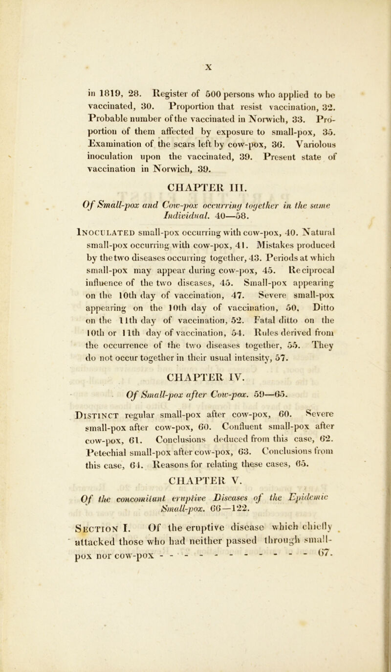 in 1819, 28. Register of 500 persons who applied to be vaccinated, 30. Proportion that resist vaccination, 32. Probable number of the vaccinated in Norwich, 33. Pro- portion of them affected by exposure to small-pox, 35. Examination of the scars left by cow-pox, 30. Variolous inoculation upon the vaccinated, 39. Present state of vaccination in Norwich, 39. CHAPTER III. Of Small-pox and Cow-pox occurring together in the same In dividual. 40—58. Inoculated small-pox occurring with cow-pox, 40. Natural small-pox occurring with cow-pox, 41. Mistakes produced by the two diseases occurring together, 43. Periods at which small-pox may appear during cow-pox, 45. Reciprocal influence of the two diseases, 45. Small-pox appearing- on the 10th day of vaccination, 47. Severe small-pox appearing on the 10th day of vaccination, 50. Ditto on the 11th day of vaccination, 52. Fatal ditto on the 10th or 11th day of vaccination, 54. Rules derived from the occurrence of the two diseases together, 55. They do not occur together in tlieir usual intensity, 57. CHAPTER IV. Of Small-pox after Cow-pox. 59—65. Distinct regular small-pox after cow-pox, 60. Severe small-pox after cow-pox, 60. Confluent small-pox after cow-pox, 61. Conclusions deduced from this case, 62. Petechial small-pox after cow-pox, 63. Conclusions trom this case, 64. Reasons for relating these cases, 05. CHAPTER V. Of the concomitant eruptive Diseases of the Epidemic Srnall-pox. 66—122. Section I. Of the eruptive disease which chiefly attacked those who had neither passed through small- pox nor cow-pox
