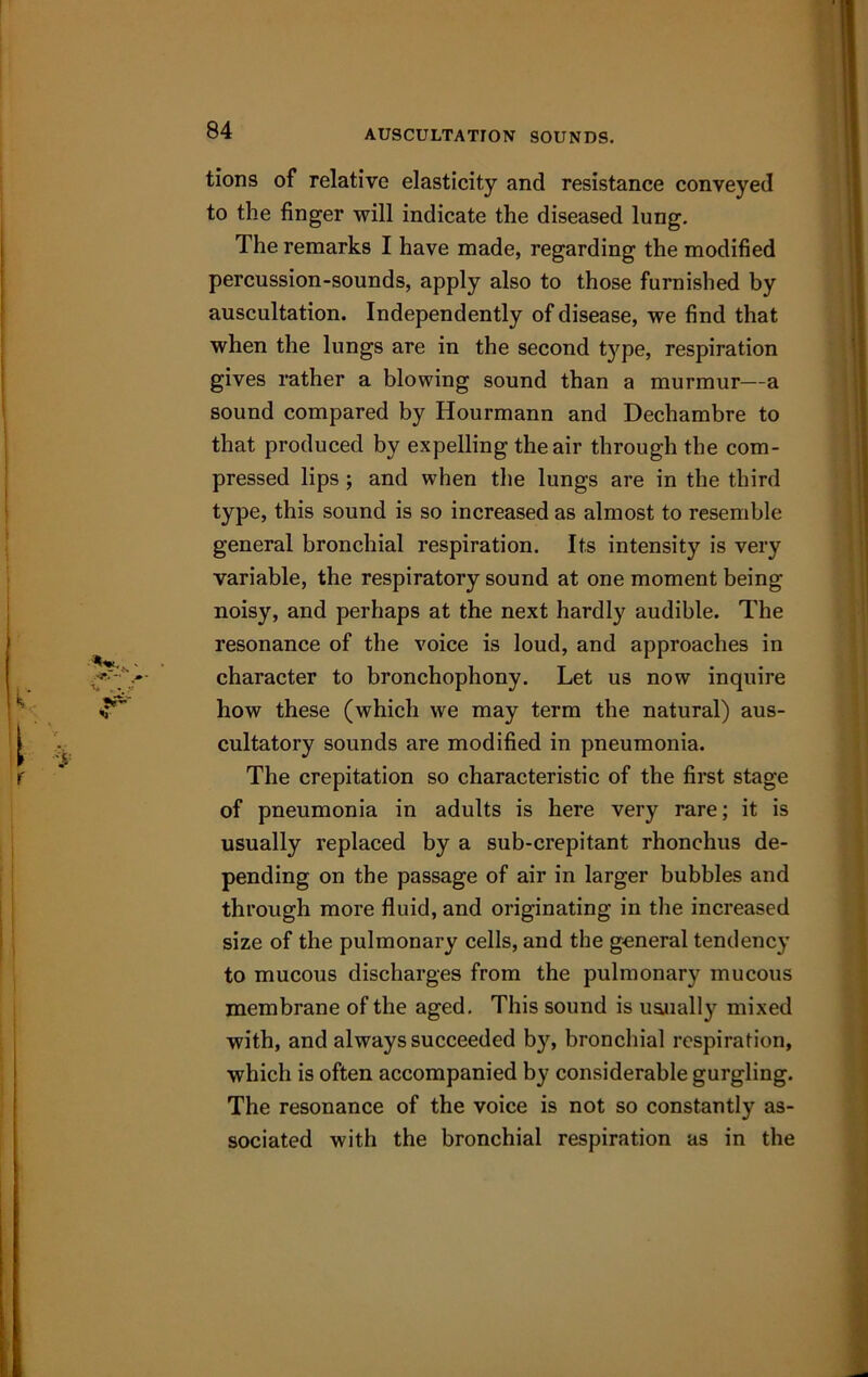 AUSCULTATION SOUNDS. tions of relative elasticity and resistance conveyed to the finger will indicate the diseased lung. The remarks I have made, regarding the modified percussion-sounds, apply also to those furnished by auscultation. Independently of disease, we find that when the lungs are in the second t}?pe, respiration gives rather a blowing sound than a murmur—a sound compared by Hourmann and Dechambre to that produced by expelling the air through the com- pressed lips ; and when the lungs are in the third type, this sound is so increased as almost to resemble general bronchial respiration. Its intensity is very variable, the respiratory sound at one moment being noisy, and perhaps at the next hardly audible. The resonance of the voice is loud, and approaches in character to bronchophony. Let us now inquire how these (which we may term the natural) aus- cultatory sounds are modified in pneumonia. The crepitation so characteristic of the first stage of pneumonia in adults is here very rare; it is usually replaced by a sub-crepitant rhonchus de- pending on the passage of air in larger bubbles and through more fluid, and originating in the increased size of the pulmonary cells, and the general tendency to mucous discharges from the pulmonary mucous membrane of the aged. This sound is u&ually mixed with, and always succeeded by, bronchial respiration, which is often accompanied by considerable gurgling. The resonance of the voice is not so constantly as- sociated with the bronchial respiration as in the