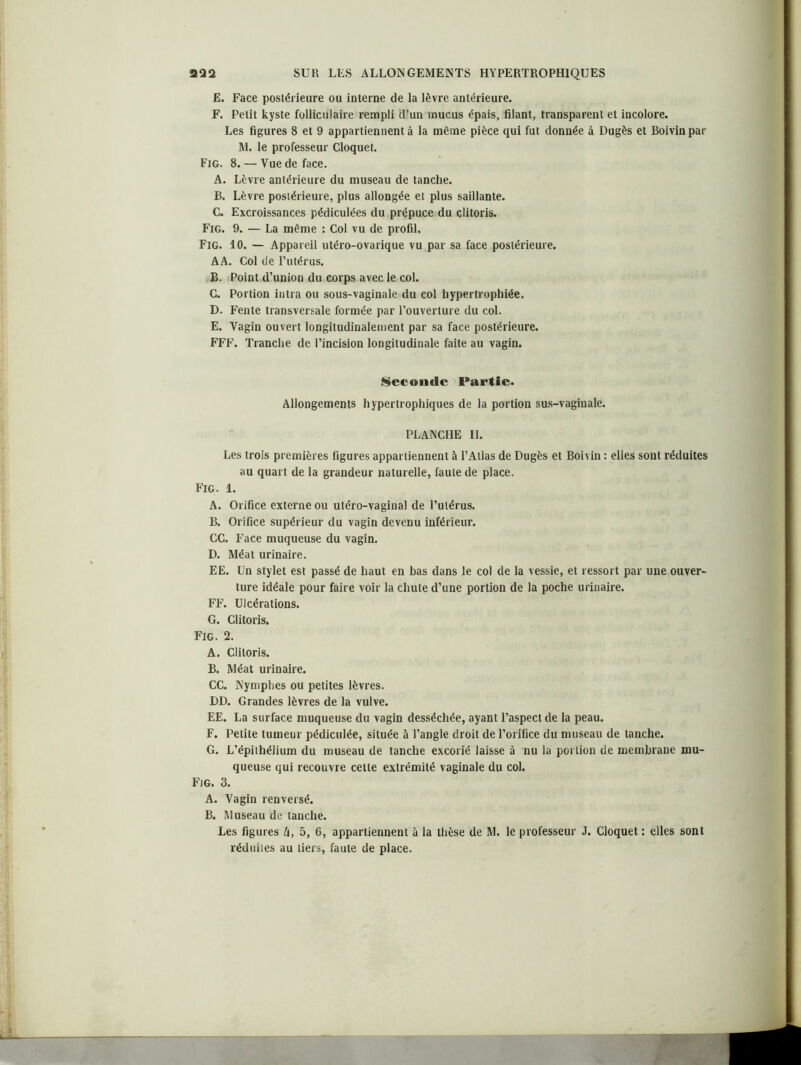 E. Face postérieure ou interne de la lèvre antérieure. F. Petit kyste folliculaire rempli d’un mucus épais, filant, transparent et incolore. Les figures 8 et 9 appartiennent à la même pièce qui fut donnée à Dugès et Boivin par M. le professeur Cloquet. Fig. 8. — Vue de face. A. Lèvre antérieure du museau de tanche. B. Lèvre postérieure, plus allongée et plus saillante. C. Excroissances pédiculées du prépuce du clitoris. Fig. 9. — La même : Col vu de profil. Fig. 10. — Appareil utéro-ovarique vu par sa face postérieure. AA. Col de l’utérus. B. Point d’union du corps avec le col. C. Portion intra ou sous-vaginale du col hypertrophiée. D. Fente transversale formée par l’ouverture du col. E. Vagin ouvert longitudinalement par sa face postérieure. FFF. Tranche de l’incision longitudinale faite au vagin. Seconde Partie. Allongements hypertrophiques de la portion sus-vaginale. PLANCHE IL Les trois premières figures appartiennent à l’Atlas de Dugès et Boivin : elles sont réduites au quart de la grandeur naturelle, faute de place. Fig. 1. A. Orifice externe ou utéro-vaginal de l’utérus. B. Orifice supérieur du vagin devenu inférieur. CC. Face muqueuse du vagin. D. Méat urinaire. EE. Un stylet est passé de haut en bas dans le col de la vessie, et ressort par une ouver- ture idéale pour faire voir la chute d’une portion de la poche urinaire. FF. Ulcérations. G. Clitoris. Fig. 2. A. Clitoris. B. Méat urinaire. CC. Nymphes ou petites lèvres. DD. Grandes lèvres de la vulve. EE. La surface muqueuse du vagin desséchée, ayant l’aspect de la peau. F. Petite tumeur pédiculée, située à l’angle droit de l’orifice du museau de tanche. G. L’épithélium du museau de tanche excorié laisse à nu la portion de membrane mu- queuse qui recouvre cette extrémité vaginale du col. Fjg. 3. A. Vagin renversé. B. Museau de tanche. Les figures h, 5, 6, appartiennent à la thèse de M. le professeur J. Cloquet : elles sont réduites au tiers, faute de place.