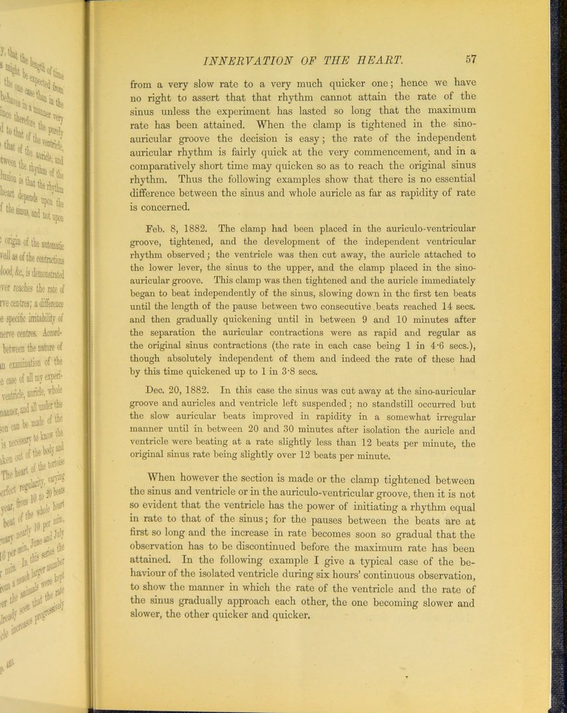 from a very slow rate to a very much quicker one; hence we have no right to assert that that rhythm cannot attain the rate of the sinus unless the experiment has lasted so long that the maximum rate has been attained. When the clamp is tightened in the sino- auricular groove the decision is easy; the rate of the independent auricular rhythm is fairly quick at the very commencement, and in a comparatively short time may quicken so as to reach the original sinus rhythm. Thus the following examples show that there is no essential difference between the sinus and whole auricle as far as rapidity of rate is concerned. Feb. 8, 1882. The clamp had been placed in the auriculo-ventricular groove, tightened, and the development of the independent ventricular rhythm observed; the ventricle was then cut away, the auricle attached to the lower lever, the sinus to the upper, and the clamp placed in the sino- auricular groove. This clamp was then tightened and the auricle immediately began to beat independently of the sinus, slowing down in the first ten beats until the length of the pause between two consecutive .beats reached 14 secs, and then gradually quickening until in between 9 and 10 minutes after the separation the auricular contractions were as rapid and regular as the original sinus contractions (the rate in each case being 1 in 4 ‘6 secs.), though absolutely independent of them and indeed the rate of these had by this time quickened up to 1 in 3-8 secs. Dec. 20, 1882. In this case the sinus was cut away at the sino-auricular groove and auricles and ventricle left suspended; no standstill occurred but the slow auricular beats improved in rapidity in a somewhat irregular manner until in between 20 and 30 minutes after isolation the auricle and ventricle were beating at a rate slightly less than 12 beats per minute, the original sinus rate being slightly over 12 beats per minute. When however the section is made or the clamp tightened between the sinus and ventricle or in the auriculo-ventricular groove, then it is not so evident that the ventricle has the power of initiating a rhythm equal in rate to that of the sinus; for the pauses between the beats are at first so long and the increase in rate becomes soon so gradual that the observation has to be discontinued before the maximum rate has been attained. In the following example I give a typical case of the be- haviour of the isolated ventricle during six hours’ continuous observation, to show the manner in which the rate of the ventricle and the rate of the sinus gradually approach each other, the one becoming slower and slower, the other quicker and quicker.