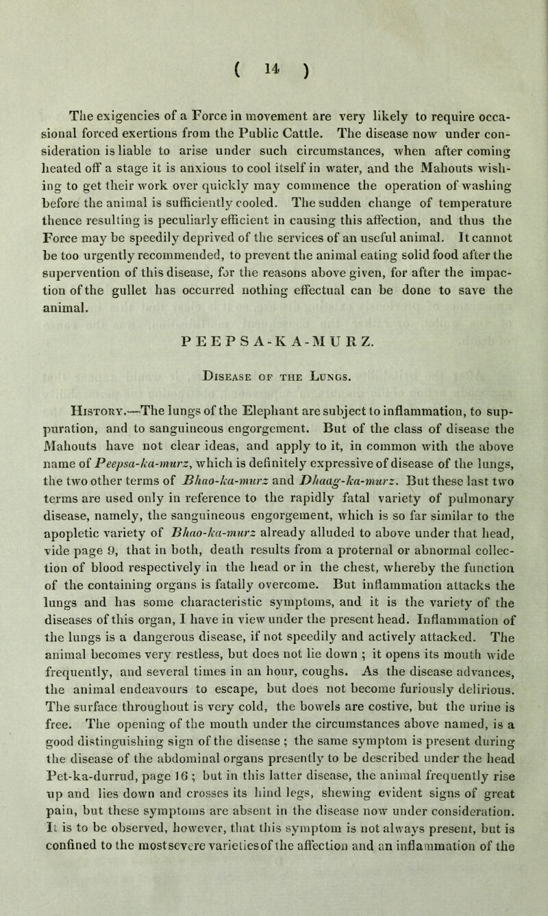 The exigencies of a Force in movement are very likely to require occa- sional forced exertions from the Public Cattle. The disease now under con- sideration is liable to arise under such circumstances, when after coming heated off a stage it is anxious to cool itself in water, and the Mahouts wish- ing to get their work over quickly may commence the operation of washing before the animal is sufficiently cooled. The sudden change of temperature thence resulting is peculiarly efficient in causing this affection, and thus the Force may be speedily deprived of the services of an useful animal. It cannot be too urgently recommended, to prevent the animal eating solid food after the supervention of this disease, for the reasons above given, for after the impac- tion of the gullet has occurred nothing effectual can be done to save the animal. PEEPS A-KA-MURZ. Disease of the Lungs. History.—The lungs of the Elephant are subject to inflammation, to sup- puration, and to sanguineous engorgement. But of the class of disease the Mahouts have not clear ideas, and apply to it, in common with the above name of Peepsa-ka-murz, which is definitely expressive of disease of the lungs, the two other terms of Bhao-ka-murz and Dhaag-ka-murz. But these last two terms are used only in reference to the rapidly fatal variety of pulmonary disease, namely, the sanguineous engorgement, which is so far similar to the apopletic variety of Bhao-ka-murz already alluded to above under that head, vide page 9, that in both, death results from a proternal or abnormal collec- tion of blood respectively in the head or in the chest, whereby the function of the containing organs is fatally overcome. But inflammation attacks the lungs and has some characteristic symptoms, and it is the variety of the diseases of this organ, I have in view under the present head. Inflammation of the lungs is a dangerous disease, if not speedily and actively attacked. The animal becomes very restless, but does not lie down ; it opens its mouth wide frequently, and several times in an hour, coughs. As the disease advances, the animal endeavours to escape, but does not become furiously delirious. The surface throughout is very cold, the bowels are costive, but the urine is free. The opening of the mouth under the circumstances above named, is a good distinguishing sign of the disease ; the same symptom is present during the disease of the abdominal organs presently to be described under the head Pet-ka-durrud, page 16 ; but in this latter disease, the animal frequently rise up and lies down and crosses its hind legs, shewing evident signs of great pain, but these symptoms are absent in the disease now under consideration. It is to be observed, however, that this symptom is not always present, but is confined to the mostsevere varietiesof the affection and an inflammation of the
