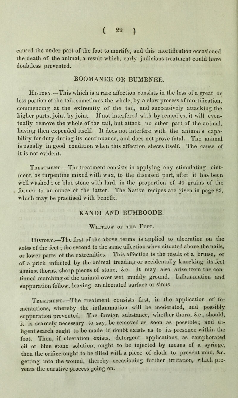 caused the under part of the foot to mortify, and this mortification occasioned the death of the animal, a result which, early judicious treatment could have doubtless prevented. BOOMANEE OR BUMBNEE. History.—This which is a rare affection consists in the loss of a great or less portion of the tail, sometimes the whole, by a slow process of mortification, commencing at the extremity of the tail, and successively attacking the higher parts, joint by joint. If not interfered with by remedies, it will even- tually remove the whole of the tail, but attack no other part of the animal, having then expended itself. It does not interfere with the animal’s capa- bility for duty during its continuance, and does not prove fatal. The animal is usually in good condition when this affection shews itself. The cause of it is not evident. Treatment.—The treatment consists in applying any stimulating oint- ment, as turpentine mixed with wax, to the diseased part, after it has been well washed ; or blue stone with lard, in the proportion of 40 grains of the former to an ounce of the latter. The Native recipes are given in page 83, which may be practised with benefit. KANDI AND BUMBOODE. Whitlow of the Feet. History.—The first of the above terms is applied to ulceration on the soles of the feet; the second to the same affection when situated above the nails, or lower parts of the extremities. This affection is the result of a bruise, or of a prick inflicted by the animal treading or accidentally knocking its feet against thorns, sharp pieces of stone, &c. It may also arise from the con- tinued marching of the animal over wet muddy ground. Inflammation and suppuration follow, leaving an ulcerated surface or sinus. Treatment.—-The treatment consists first, in the application of fo- mentations, whereby the inflammation will be moderated, and possibly suppuration prevented. The foreign substance, whether thorn, &c., should, it is scarcely necessary to say, be removed as soon as possible; and di- ligent search ought to be made if doubt exists as to its presence within the foot. Then, if ulceration exists, detergent applications, as camphorated oil or blue stone solution, ought to be injected by means of a syringe, then the orifice ought to be filled with a piece of cloth to prevent mud, &c. getting into the wound, thereby occasioning further irritation, which pre- vents the curative process going on.